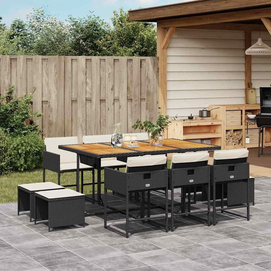 11-Piece Garden Dining Set, Black Poly Rattan, Acacia Wood, Outdoor Table and Chairs, Patio Furniture Set for 10 People, Rectangular