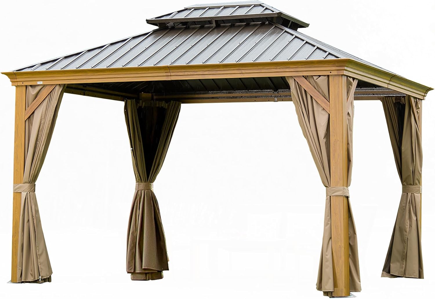 12'x14' Hardtop Wooden Coated Aluminum Canopy Galvanized Steel Double Roof, Outdoor Permanent Metal with Curtains Netting for Patio, Deck, Lawn (Yellow Brown)