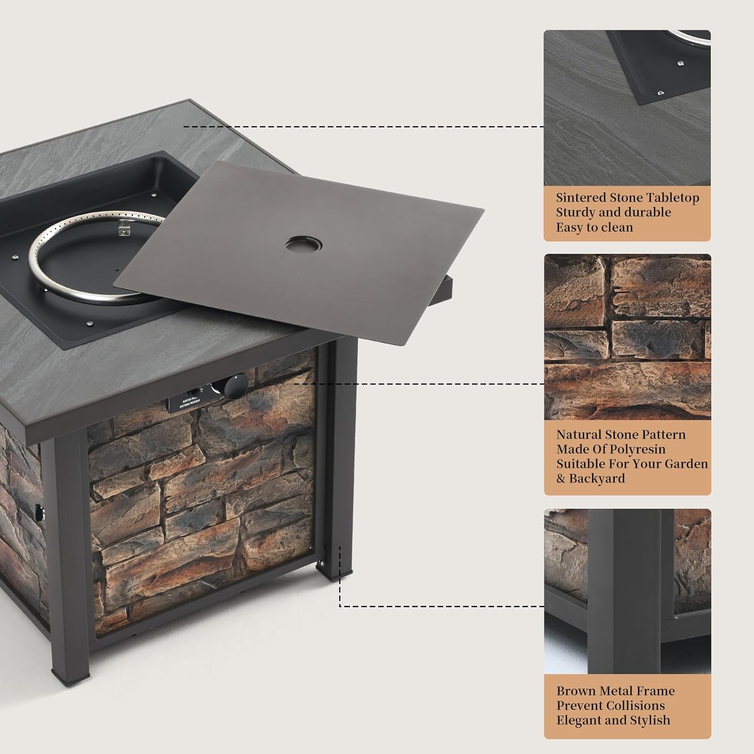 32'' Propane Fire Table for Ourdoor, Sintered Stone Tabletop & Polyresin Natural Stone Base, 50000 BTU Gas Fire Pit Table for Outside Patio and Garden, with Lava Rock