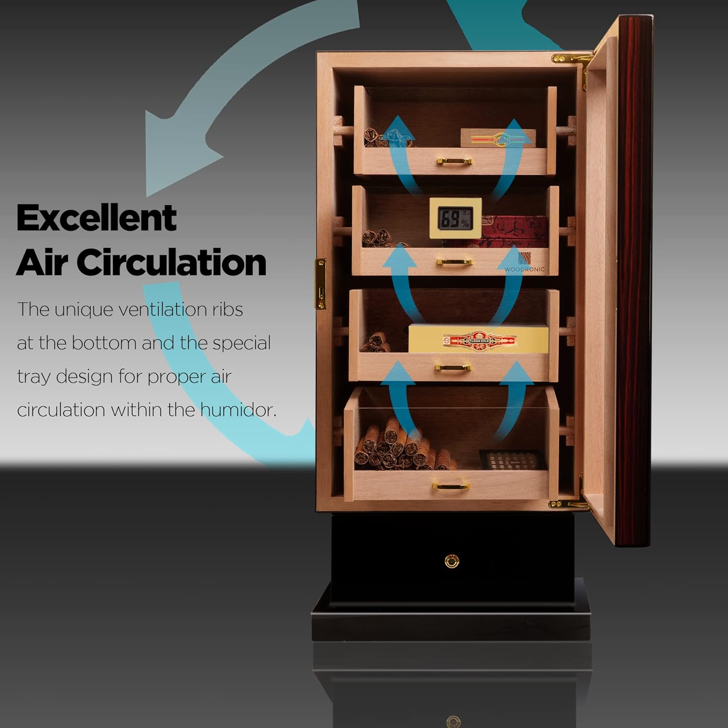 Woodronic Cigar Cabinet Humidor for 200-250 Cigars with Accessory Drawer, Crystal Humidifiers, USB Cables for Electric Humidifiers, Lock & Keys and Spanish Cedar Lining, Home & Commercial Display