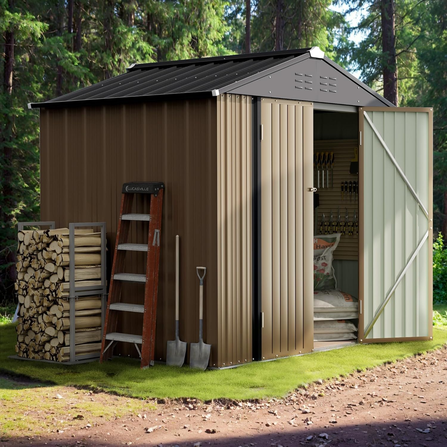 GUNJI 6.1 x 4.1 FT Shed Outdoor Storage Shed Metal Garden Shed with Lockable Door Outside Waterproof Tool Shed for Backyard, Patio, Lawn (Brown)