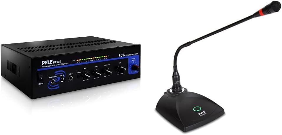 Pyle Home Compact Public Address Mono Amplifier - Professional 50W Mini Home Power Audio Sound PA Speaker Receiver System w/RCA, PT110 & Home Desktop Gooseneck Wired Microphone System -PDMIKC5 Black