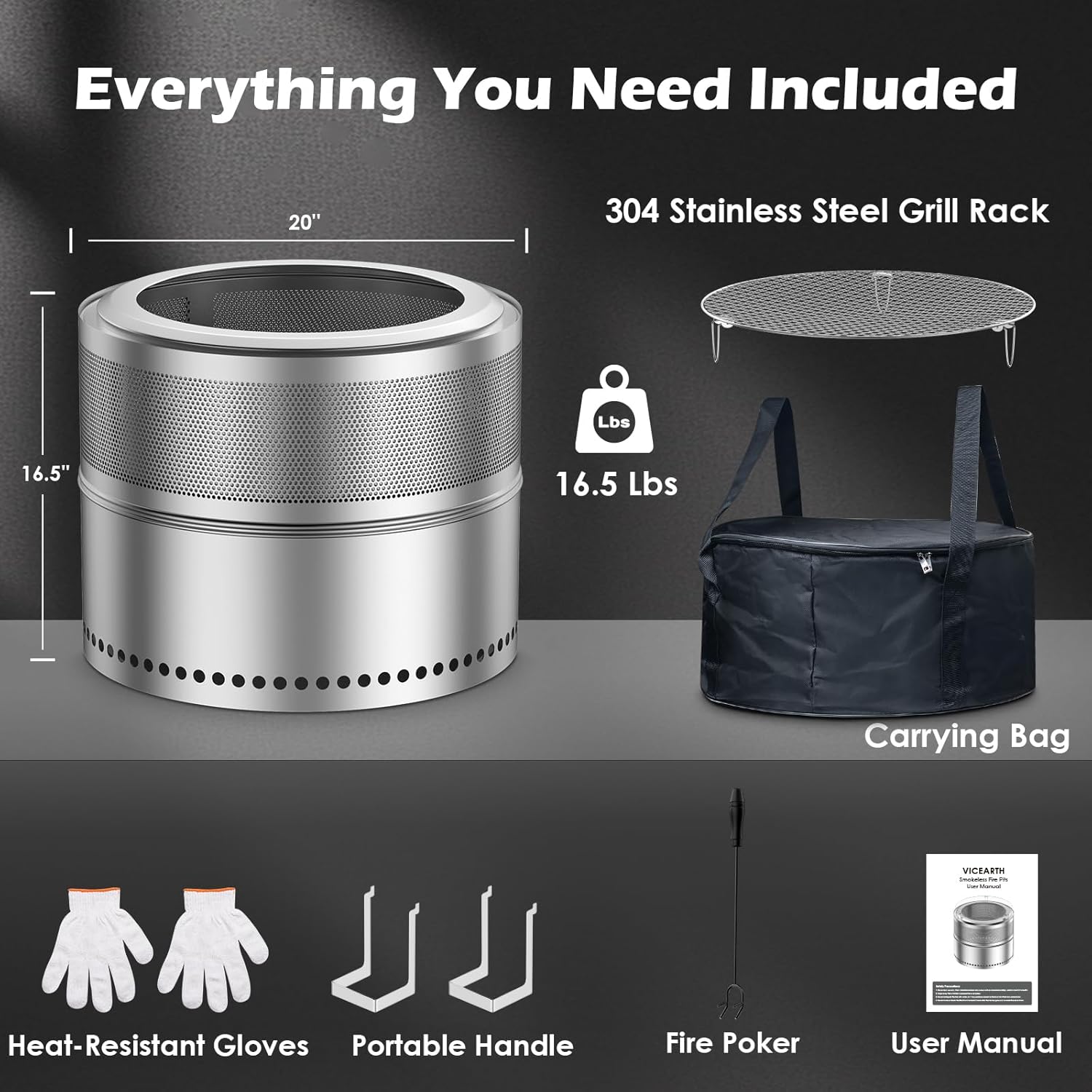 20 Inch Smokeless Fire Pit, Outdoor Double-Wall Airflow Stainless Steel Firepit with Grill Rack & Ash Pan, 360° Airflow Bonfire Stove Design, Efficient Wood Burning, Portable for Camping & Gatherings