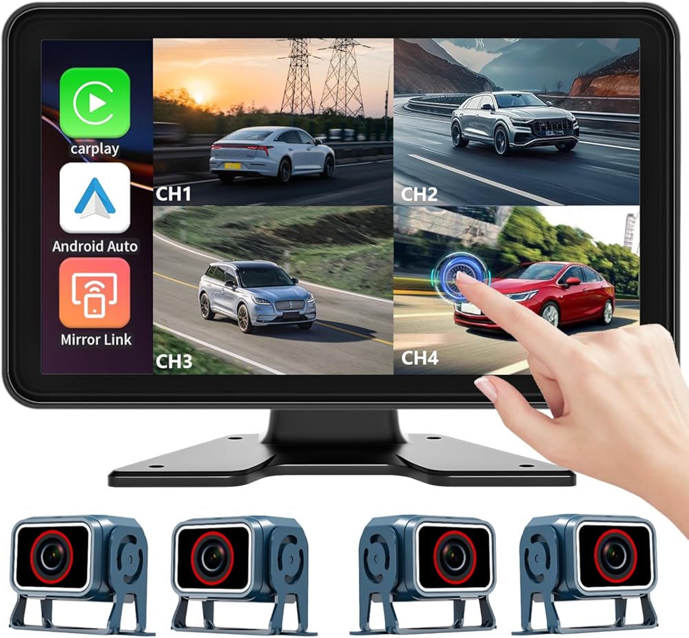 10.1'' Touch Screen 4CH 1080P Car Dash Cam DVR Backup Camera System FM Radio Built-in Speaker Wireless Apple CarPlay Android Auto Link Audio Output Playback for Truck Caravan Trailer Motorhome RV