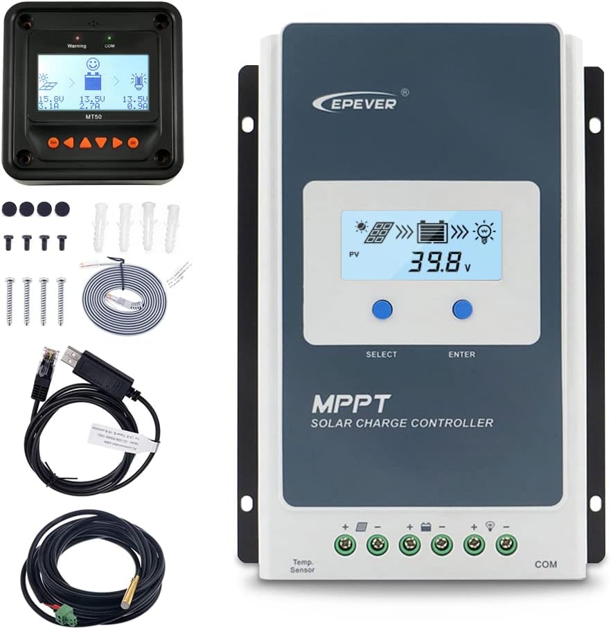 EPEVER 40A Solar Charge Controller MPPT 12V / 24V Auto Max.PV 100V Input Negative Ground Solar Panel Charge Regulator with MT50 Remote Meter Temperature Sensor RTS & PC Communication Cable RS485