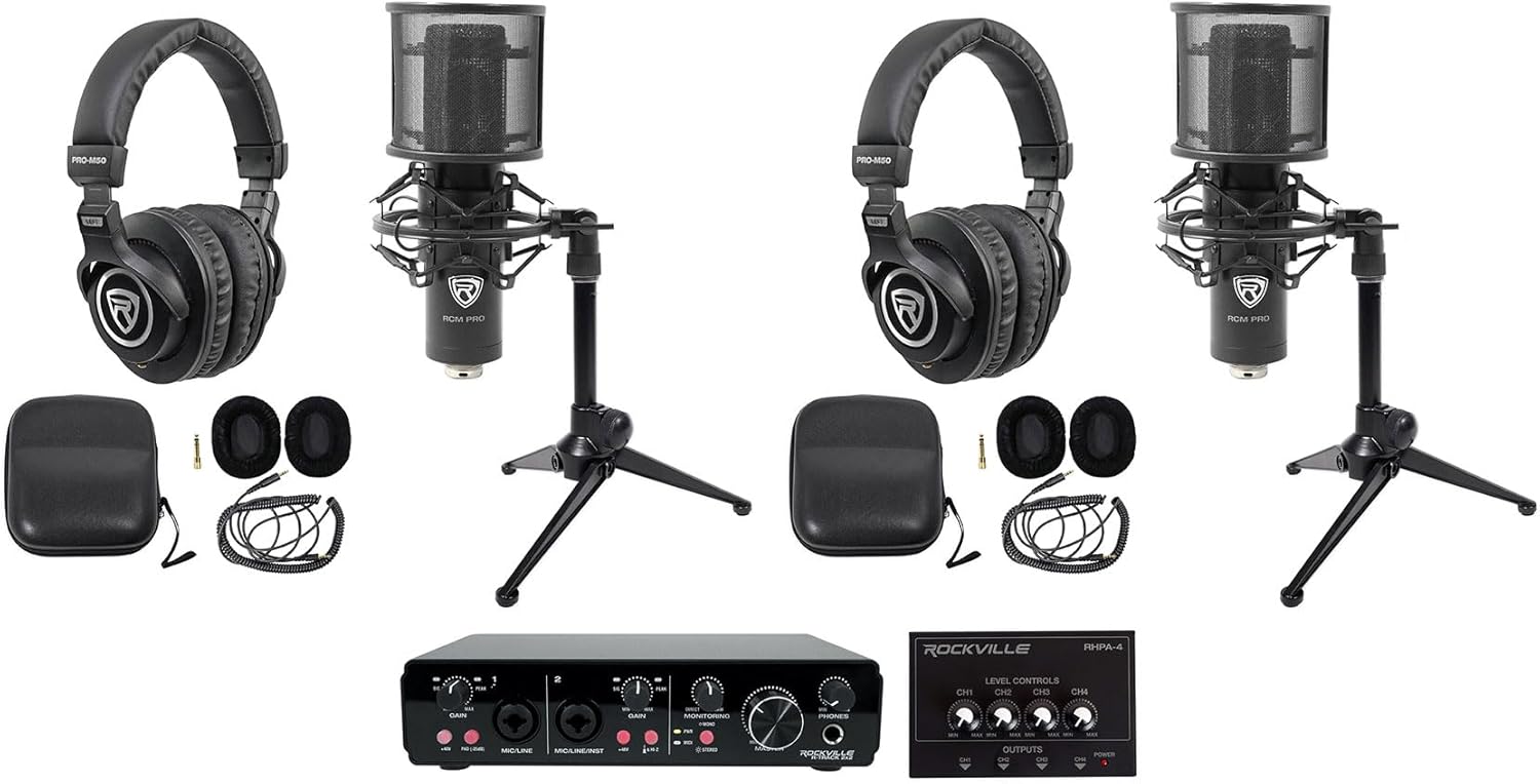 Rockville R-TRACK 2x2 Bundle: USB recording interface 24 Bit 192 kHz, (2) RCM PRO condenser microphones, (2) PRO-M50 headphones, (2) RDTS mic stands, RHPA4 4-ch headphone amplifier, TRS cable, 9-items