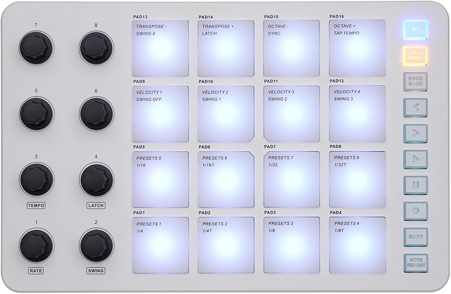 Portable MIDI Drum Pad Controller - Beat Maker Machine with 16 RGB Backlit Pads, Bluetooth USB, 8 Assignable Knobs for Music Production