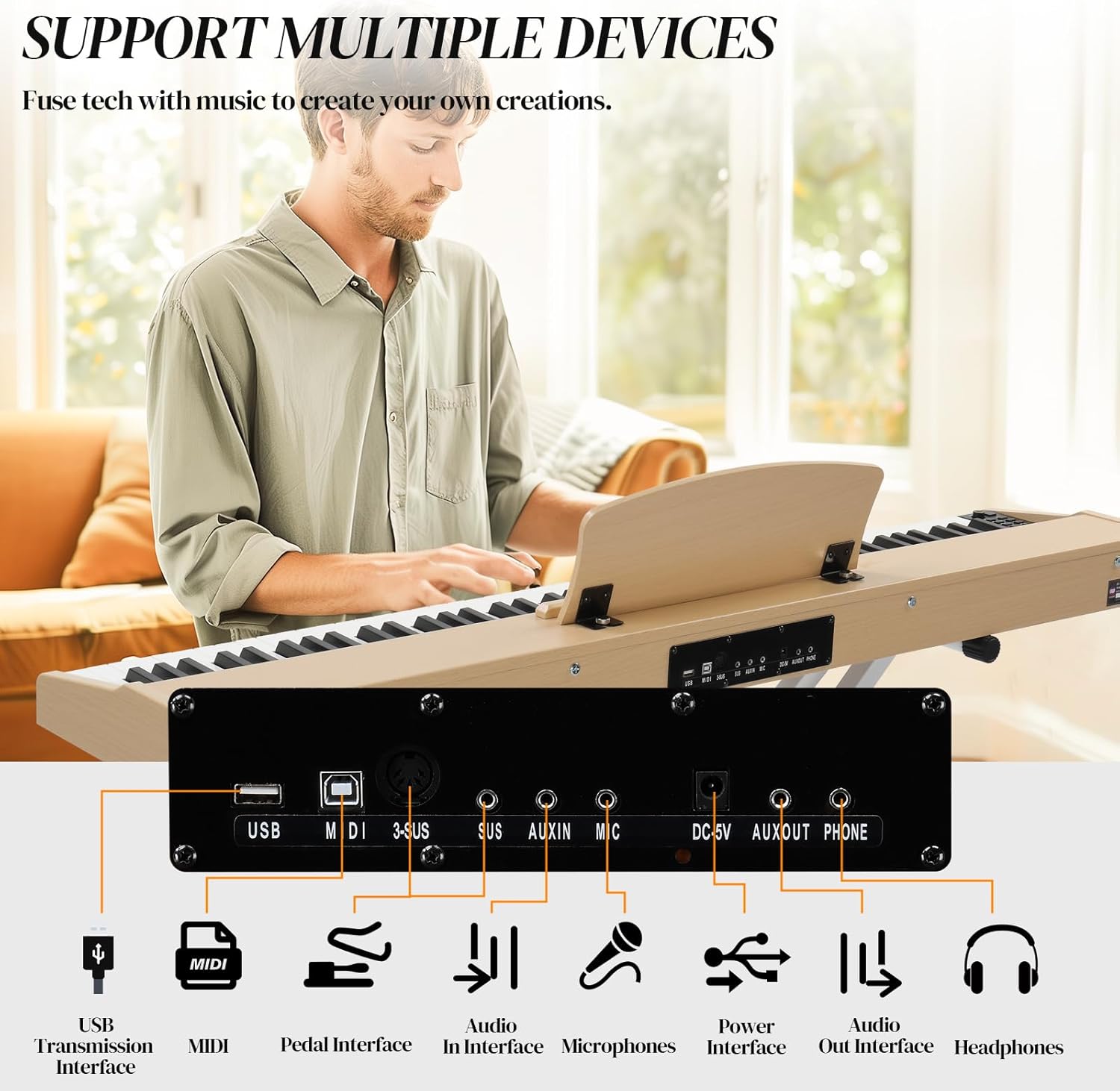 Ktaxon 88 Key Piano Keyboard Semi-Weighted Electric Piano, Portable Keyboard Piano with Stable Piano Stand, Professional 3 Pedal, 2 Headphone Jacks, Bluetooth, MIDI, 128 Rhythms and 128 Tones(Oak)