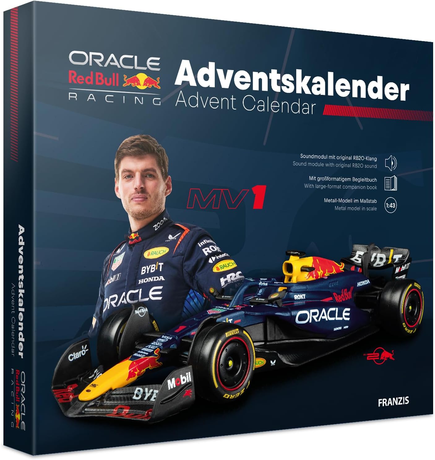 FRANZIS 67245 Oracle Red Bull Racing Advent Calendar 2025 Model Kit 1:43 Scale Includes Sound Module and 52 Page Accompaniment Book