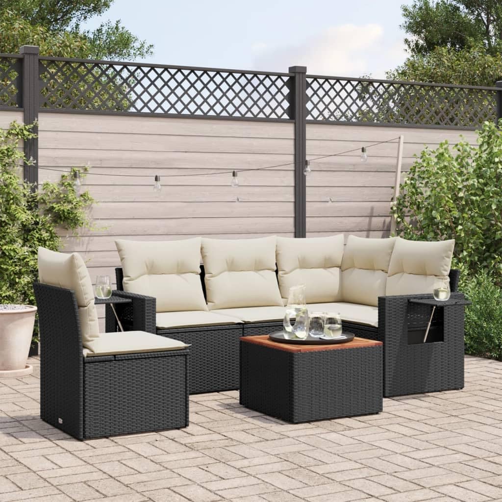 6-Piece Garden Sofa Set, Black Poly Rattan, Cream White Cushions, Modular Outdoor Patio Furniture with Storage, Weather-Resistant for Balcony