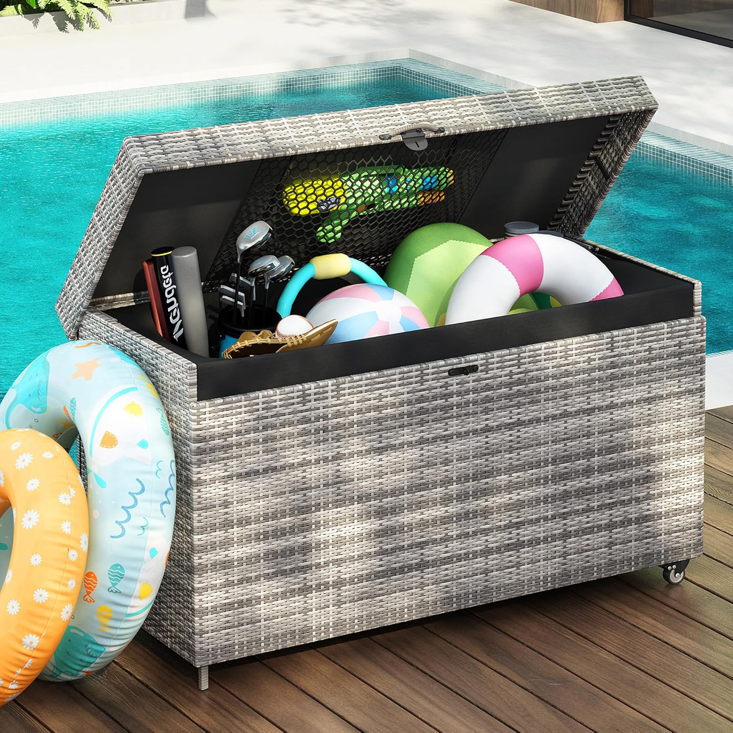 200 Gallon Wicker Deck Box with Wheels, Outdoor Rattan Storage Bin for Patio Furniture, Outdoor Cushions,Pool Storage and Garden Tools (Grey#H)