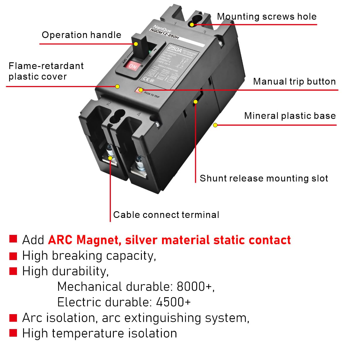 NanQue DC Solar Panel Circuit Breaker PV System Disconnect Switch and Protector 60-250 Amp 36-600 Voltage Automatic Cut Off Circuit 2 Poles Non-Polarized 25kA Recycle Use Fuse Siver Contactor (250A)