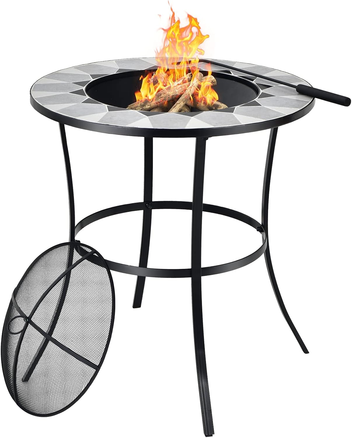 Tangkula Outdoor Fire Pit Table with Tile Tabletop, Small Round Steel Fire Bowl with Screen Cover, Fire Poker, Patio Wood Burning Fire Table for Camping, Bonfire & Outdoor Heating