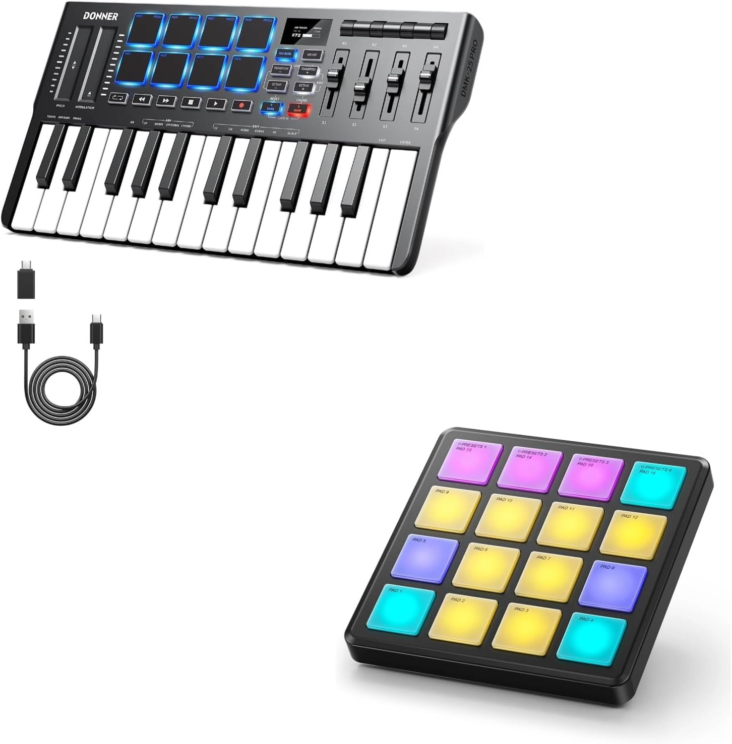 Donner DMK25 Pro MIDI Keyboard Controller+Donner MIDI Controller Pad Beat Maker Machine