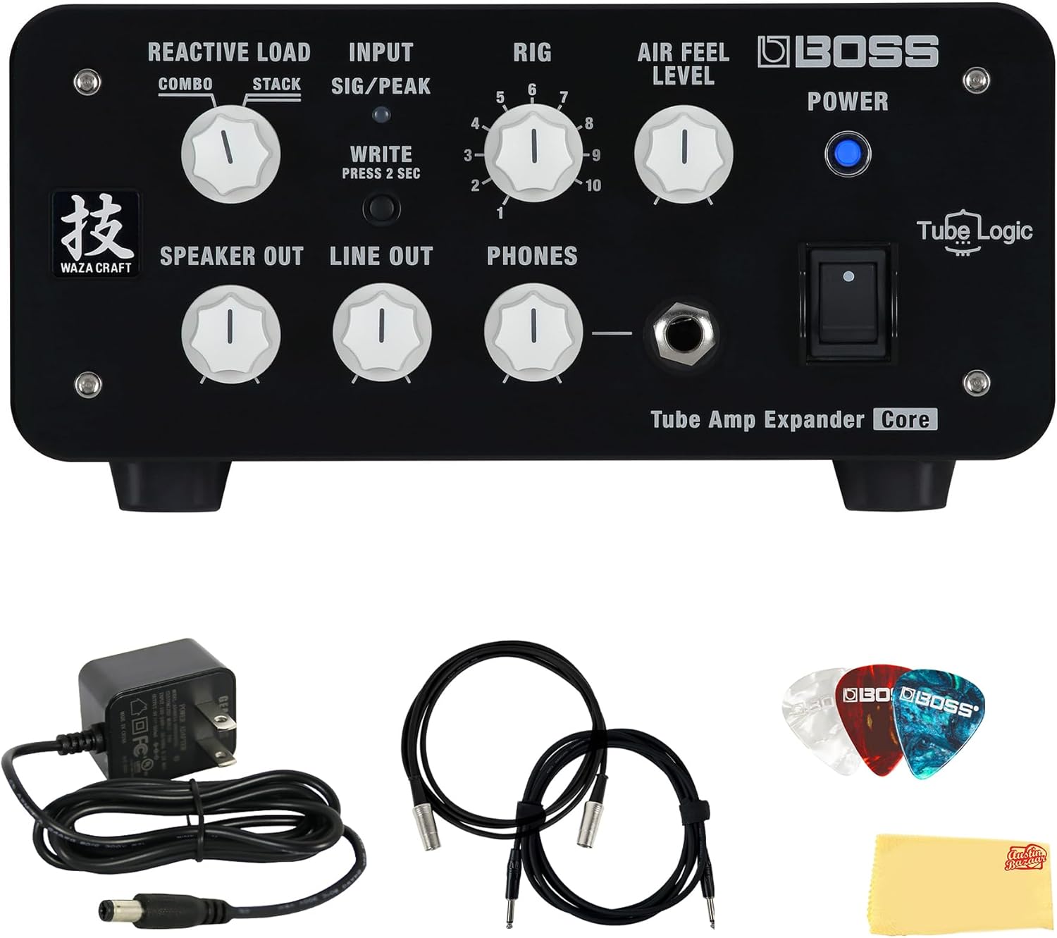 Boss Waza Tube Amp Expander Core Bundle with Gearlux Power Supply, MIDI Cable, Instrument Cable, Picks, and Austin Bazaar Polishing Cloth
