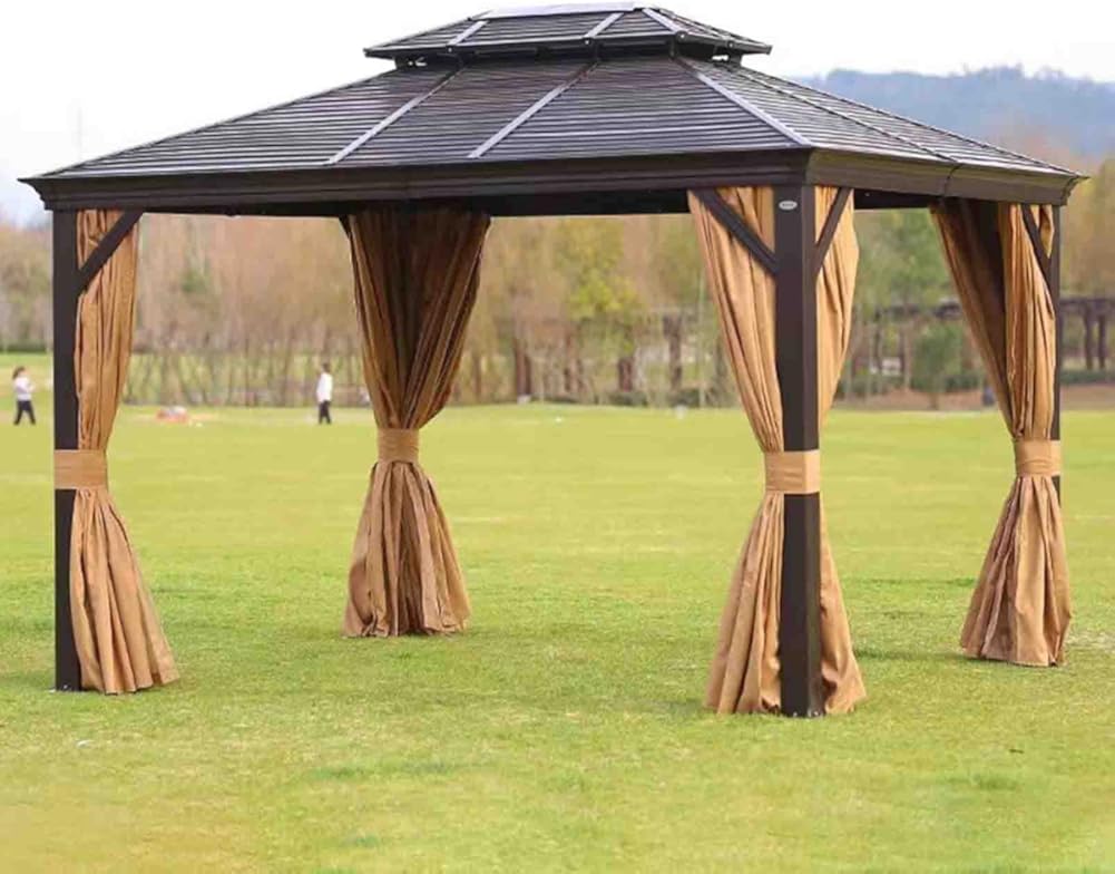 Hardtop Gazebo, 10X 10ft Outdoor Double Roof Canopy, Aluminum Frame Permanent Pavilion with Curtains and Netting, Sunshade for Garden
