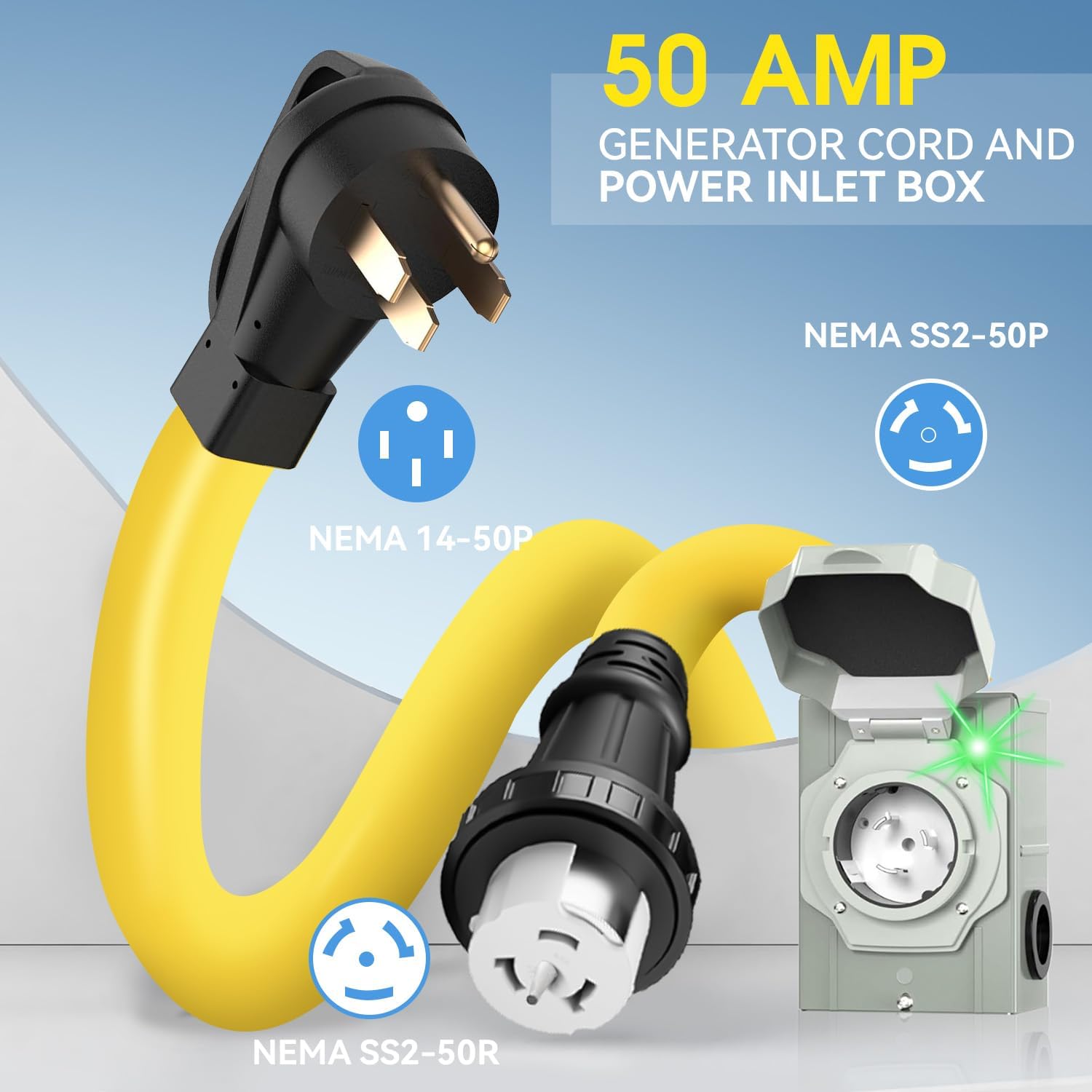 50 Amp Generator Cord and Power Inlet Box, Heavy Duty 25FT Generator Extension Cord, NEMA 14-50P to SS2-50R 125/250V Twist Locking with Pre-Drilled Inlet Box for Outdoor Emergency Kit
