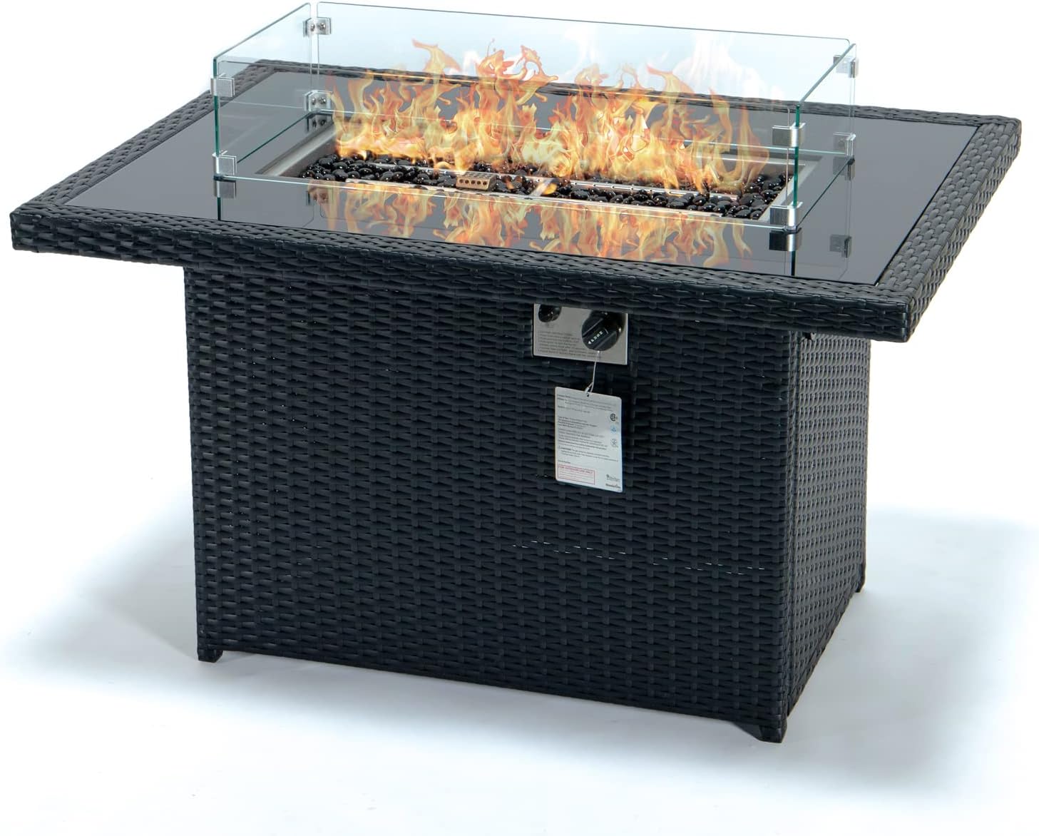 Maykoosh Outdoor Fire Pit Table - Propane Patio Heater with Lid & Crystal Stones - Modern Wicker Design