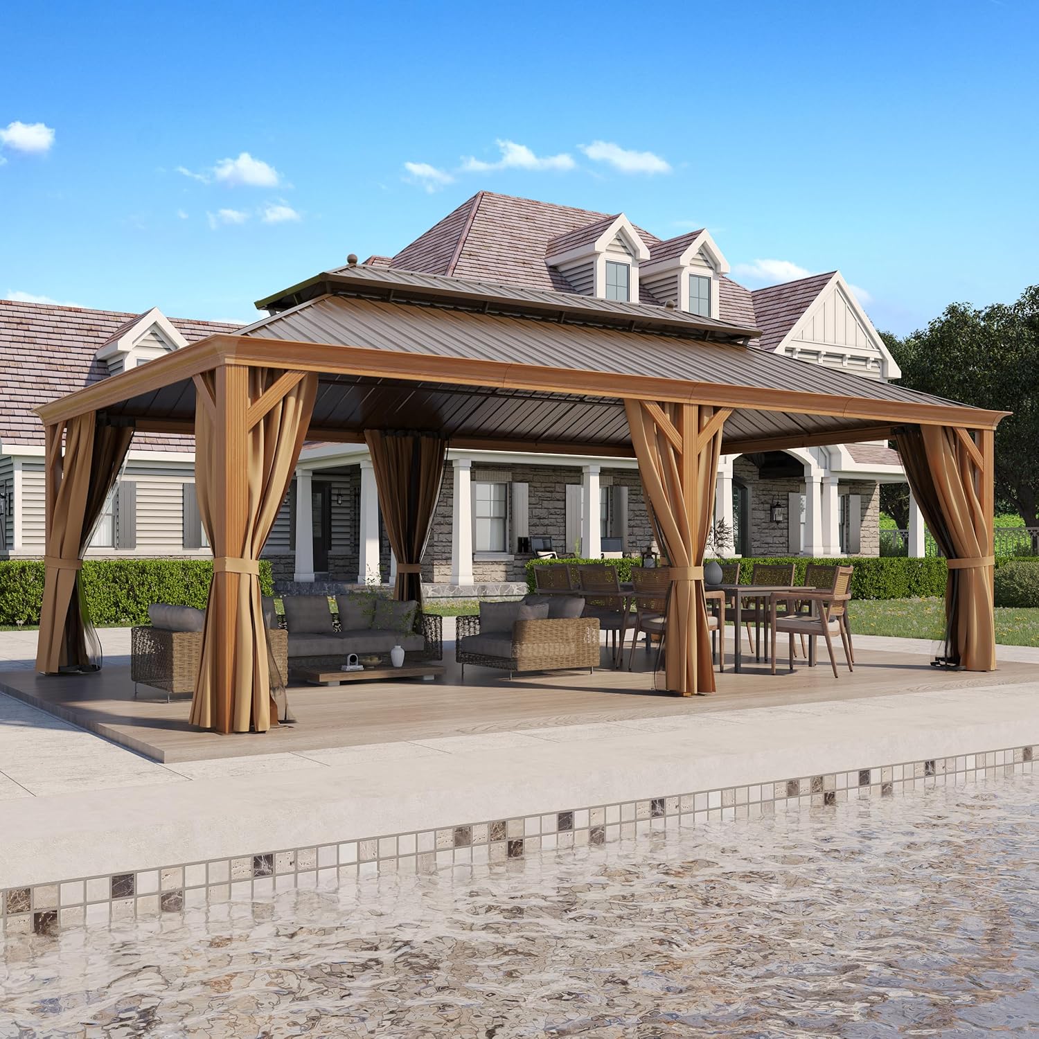 14'x22' Hardtop Gazebo, Outdoor Aluminum Galvanized Steel Wooden Finish Coated Double Roof Canopy with Netting and Curtains for Garden Patio, Backyard, Deck and Lawns.