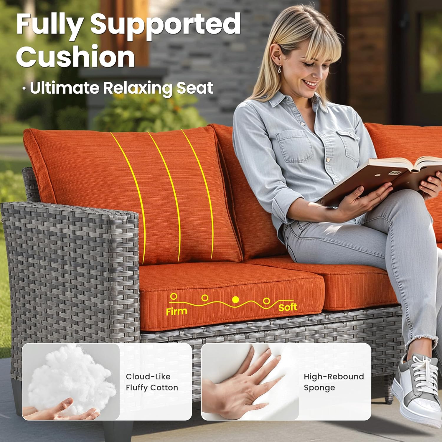 ovios Patio Furniture Set, 6 Pieces Outdoor Wicker Sofa Couch with Fire Pit Table, Ottomans and Comfy Cushions, All Weather High Back Rattan Conversation Set, Orange Red