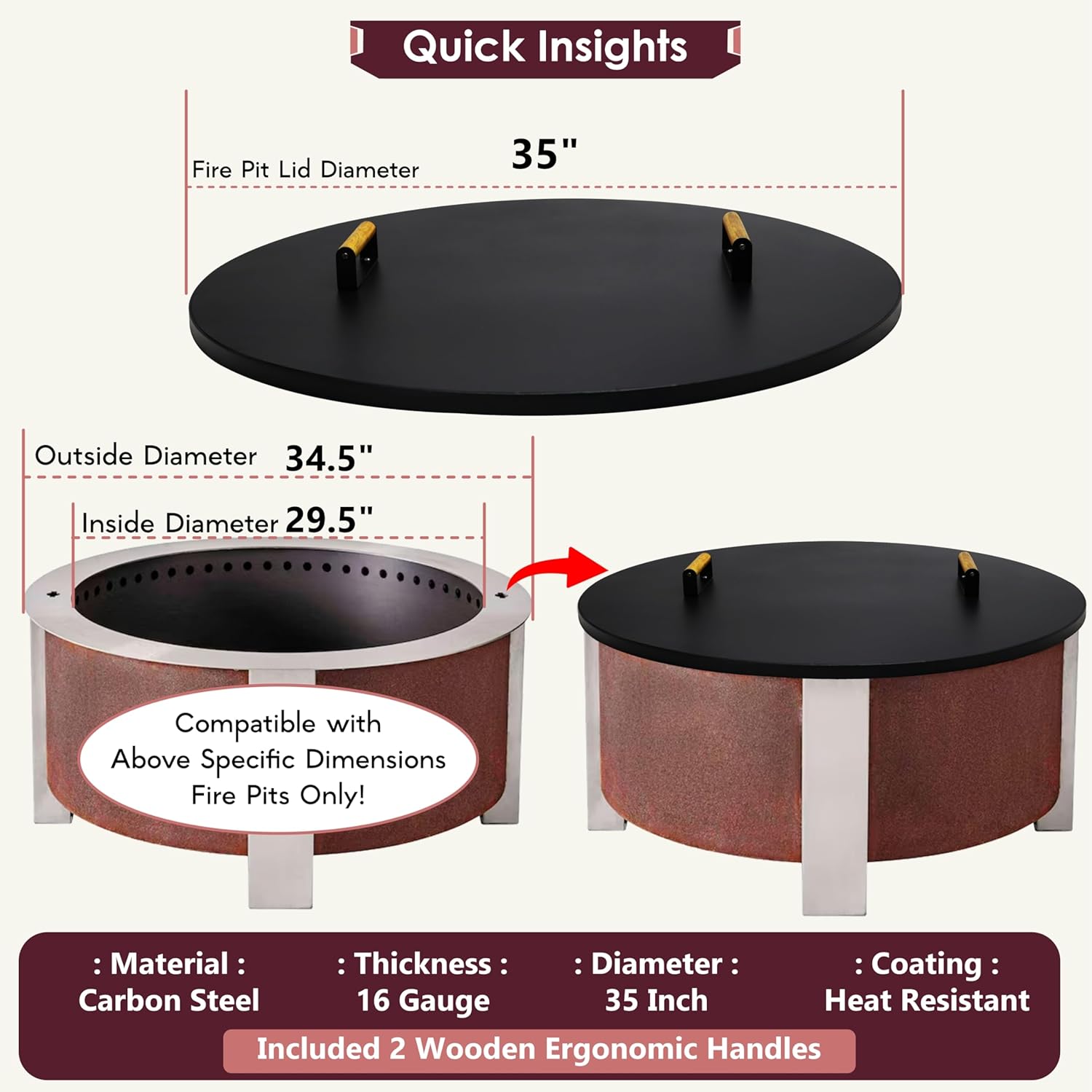 35” Round Fire Pit Lid – Heat Resistant Fire Pit Cover Lid Round for Outdoor Fireplace -16 Gauge Steel Flat Fire Pit Burner Pan Cover with Dual Wooden Handles Snuffer Lid for Patio FirePit Ring
