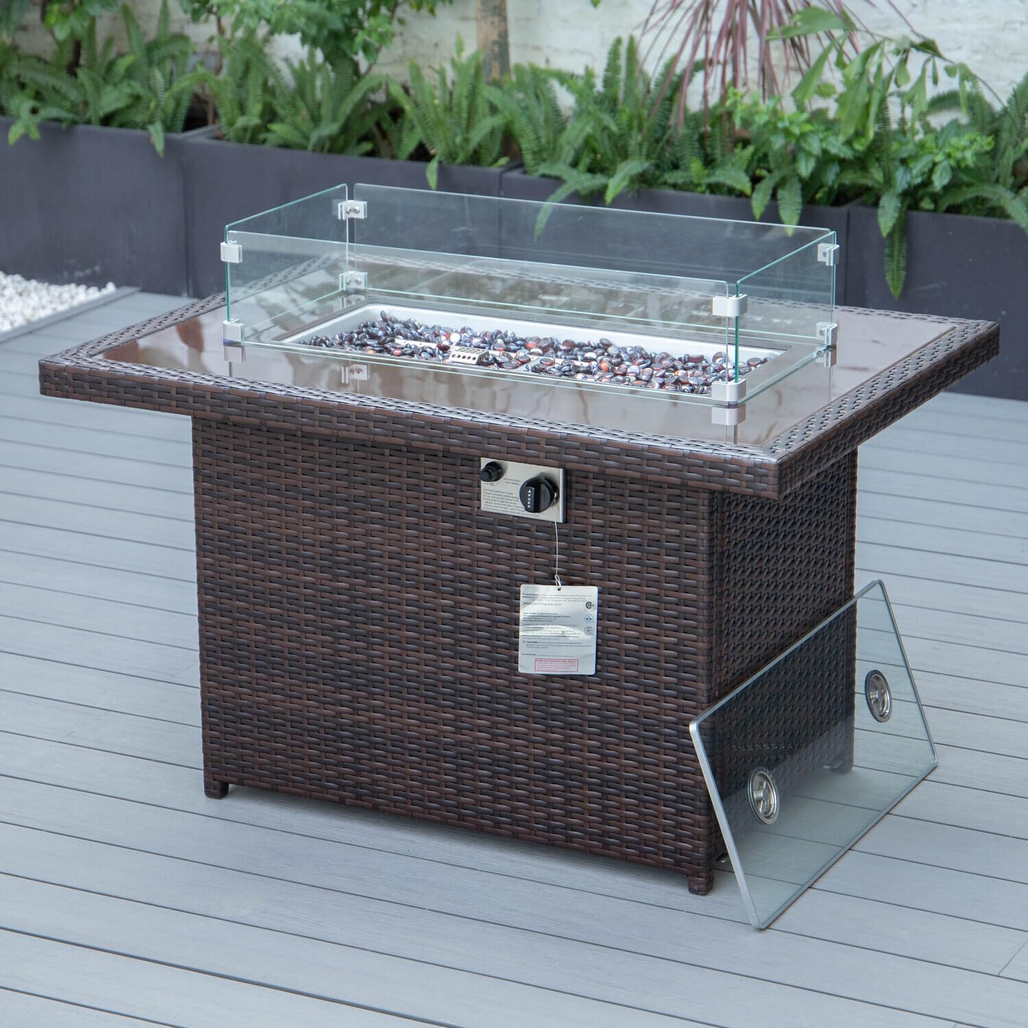 Vintage Vogue Wicker Patio Modern Propane Fire Pit Table 44x44x24-55,000 BTU, Tempered Glass Shield, Adjustable Flame