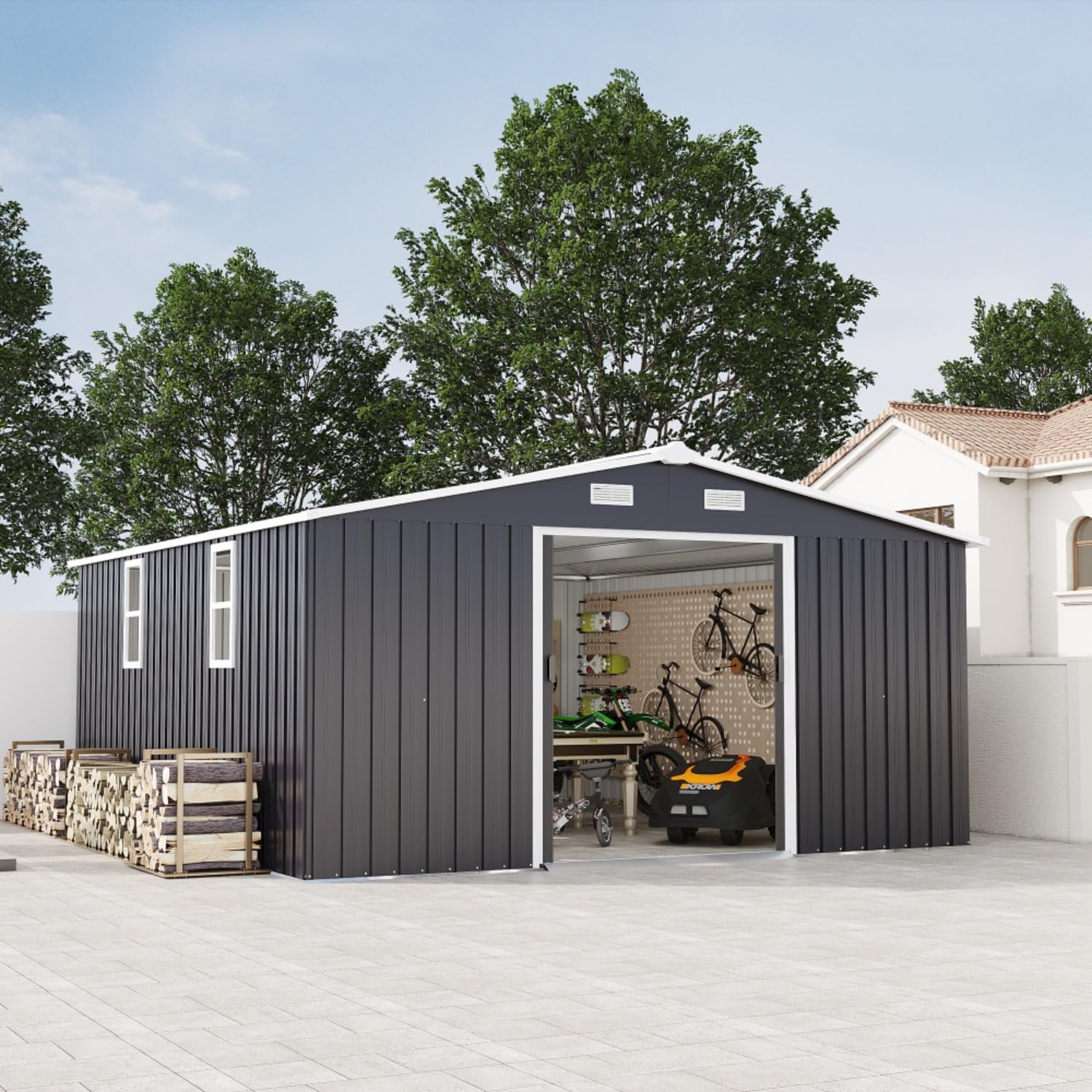 10x12 FT Outdoor Storage Shed, Large Metal Garden Shed Utility Building with 2 Daylight Windows, Waterproof & UV Protected Steel Tool Shed for Backyard, Patio (Grey)