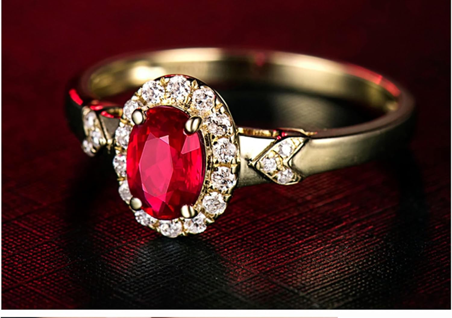 Ruby Ring Pave, Wedding Rings Women 18K Yellow Gold 0.532ct Oval Ruby Eternity Band for Wife