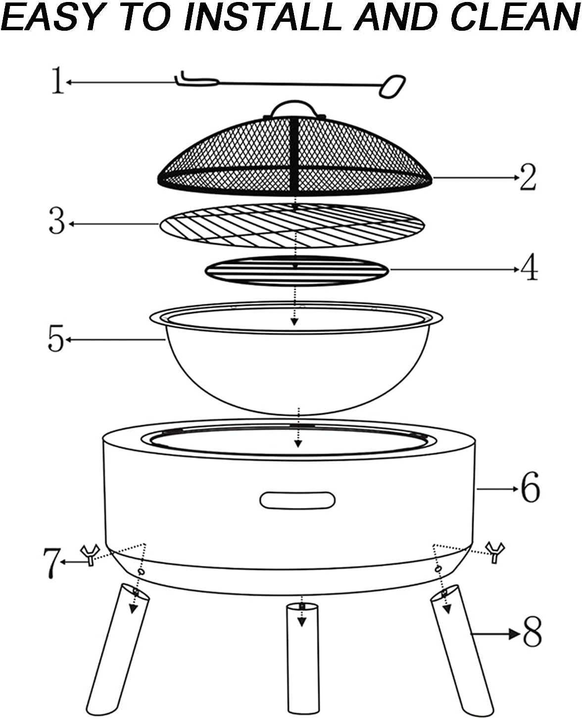 Garden Fire Pit Grill Bowl Grill Barbecue Rack Fire Pit Outdoor fire Pit Bowl, Garden Wood fire Pit with Spark Screen, Log Grate, Poker