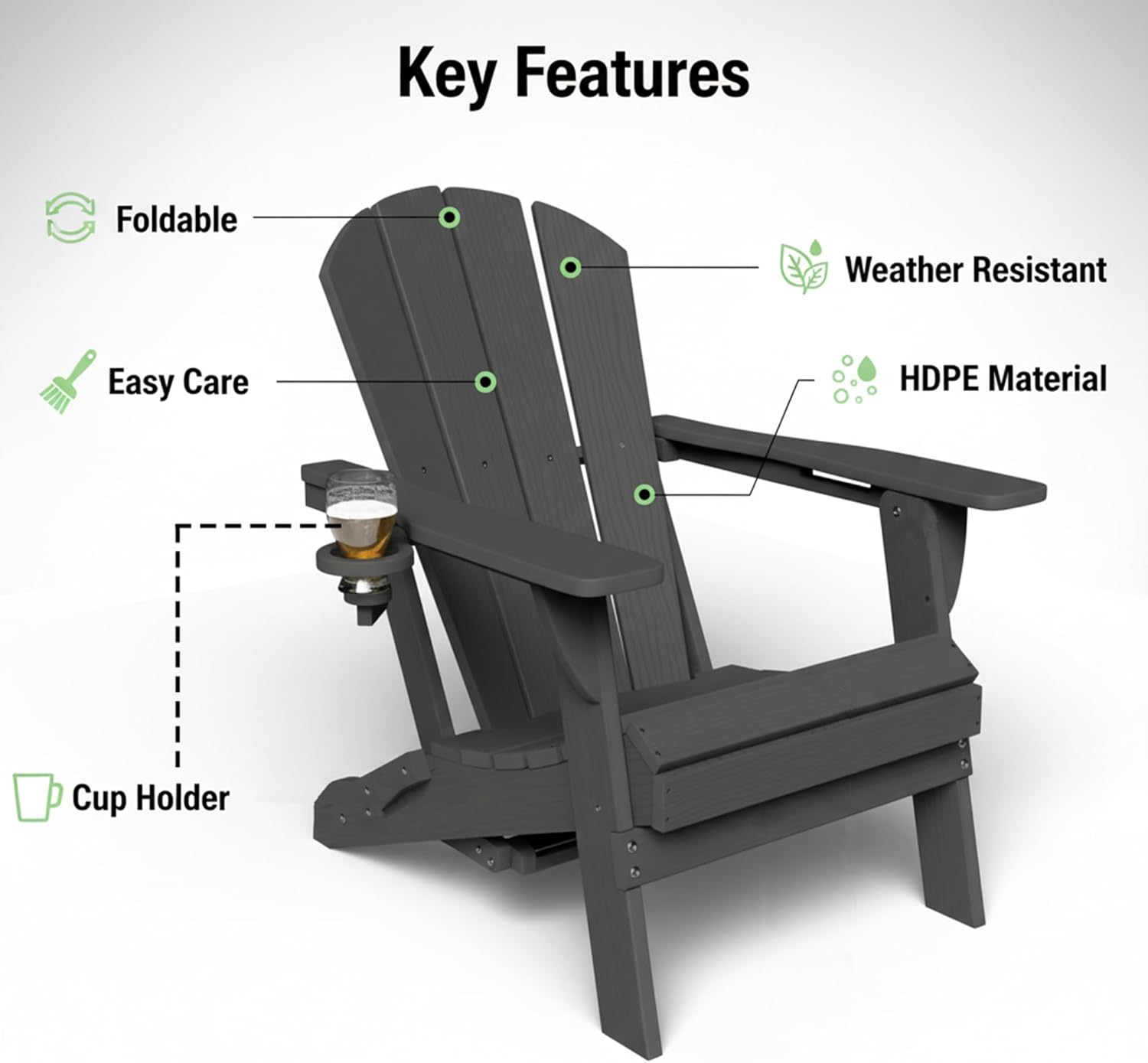 GLANC Folding Adirondack Chair Set of 2, HDPE All-Weather Outdoor Patio Fire Pit Chairs Lawn Chair for Poolside Backyard Deck Balcony, Wooden Textured with Cup Holder, 380LBS Capacity (Black)