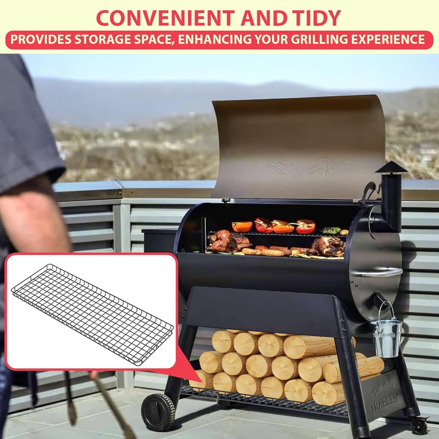 Pellet Grill Storage Shelf for Traeger Pro Series 34 Accessories, Grill Bottom Shelf for Traeger Accessories Pro 34 and Other Wood Pellet Grill, Black Powder Coated Steel Wood Pellet Storage Shelf