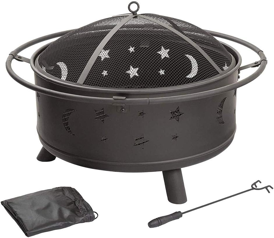 Fire Bowls for Garden, Fire Pit with BBQ Grill Shelf Outdoor Metal Brazier Star Moon Shape Garden Patio Heater Camping Bowl BBQ with Grill, Mesh Lid (Black),Star Moon