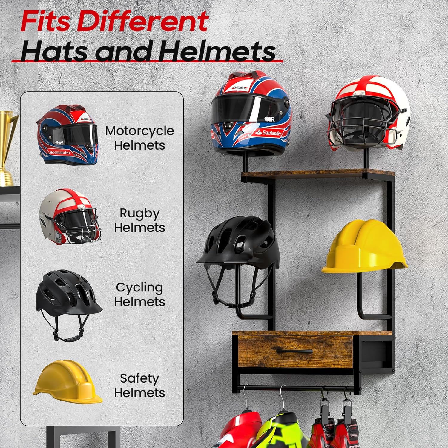 Helmet Rack Wall Mount, Motorcycle Helmet Holder Plate Rack Display Organizer with Motorcycle Accessories Helmet Hanger Wall Mount for Football (Vintage Black, 4 pack)