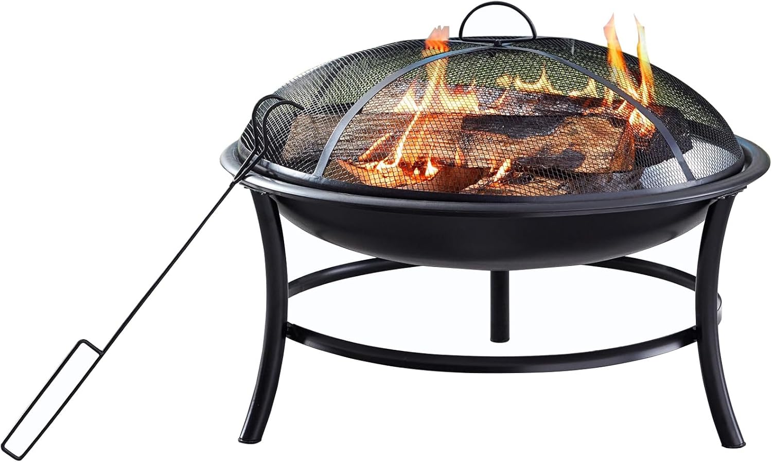 26-Inch Round Iron Outdoor Wood Burning Fire Pit with Spark Screen & Poker, Portable for Patio, Backyard, and Camping