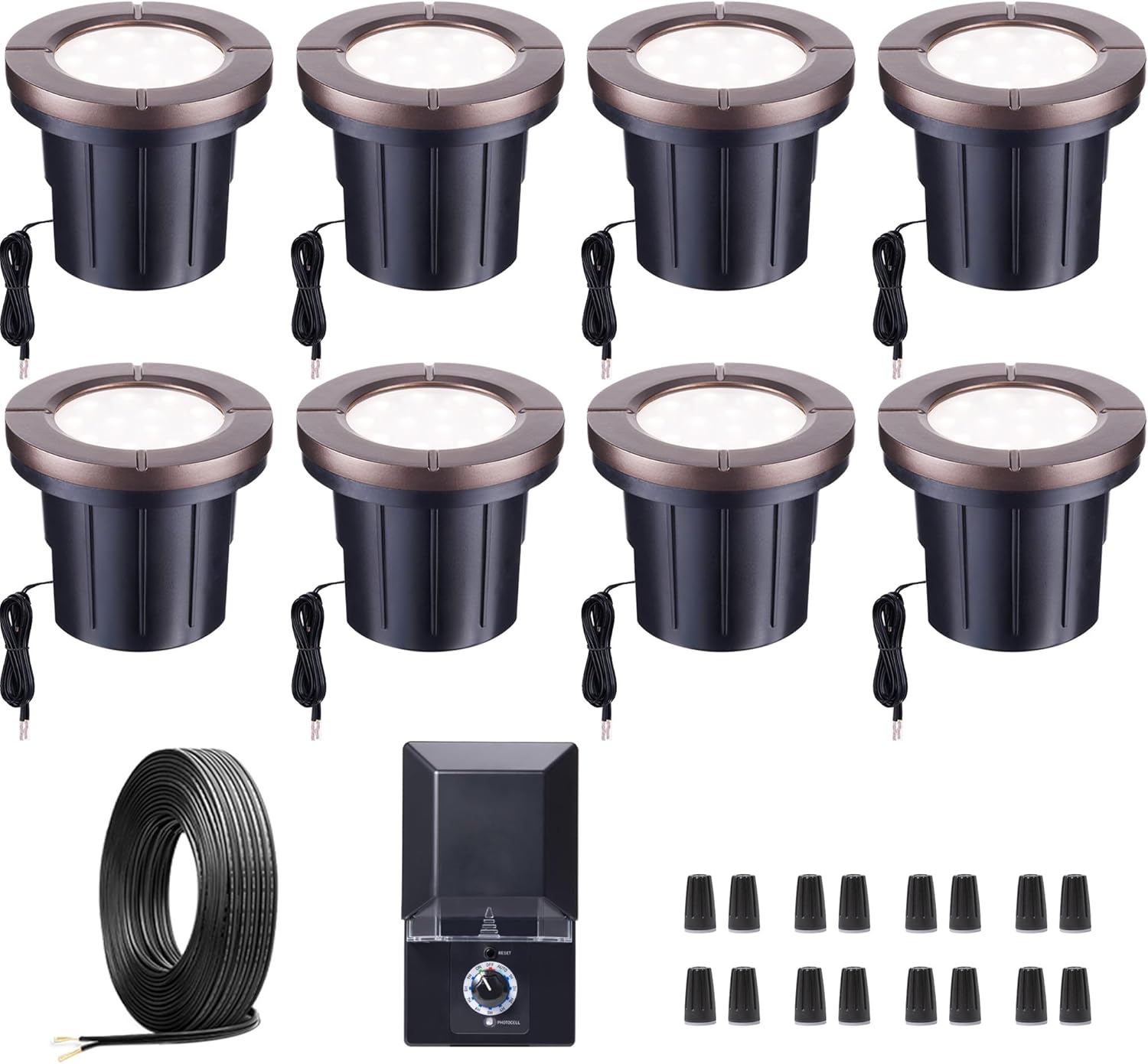 Landscape Well Light Kit, 8 Pack LED Low Voltage In Ground Lights and 100W Transformer and 100FT Cable and 30 Wire Connectors, IP67 Waterproof 12V Outdoor, Aluminum for Sidewalk Tree Path