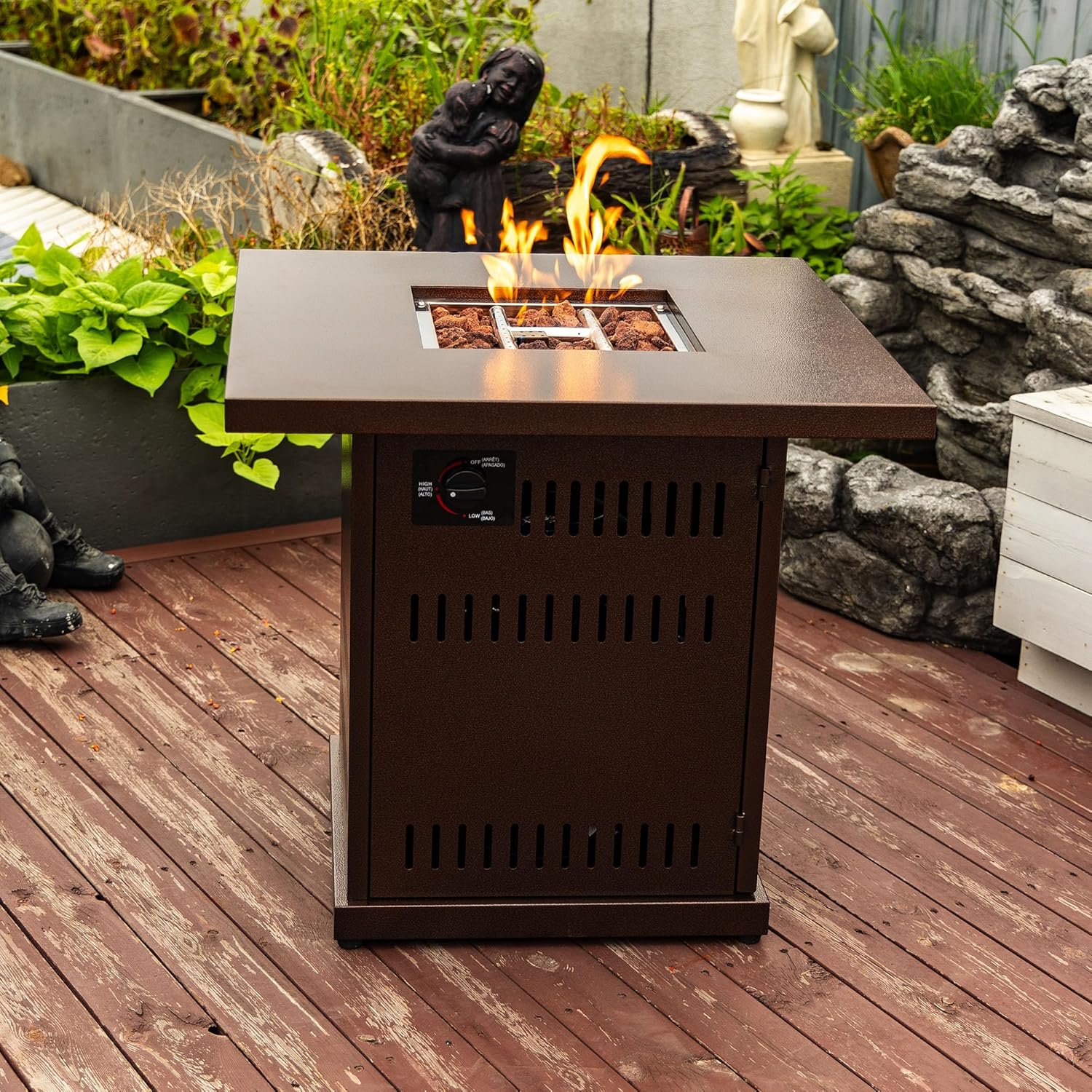 28in Square Propane Fire Pit Table with Stainless Steel Lid – Outdoor/Indoor Brown Fire Table for Patio, Deck, Living Room (1 Doors)