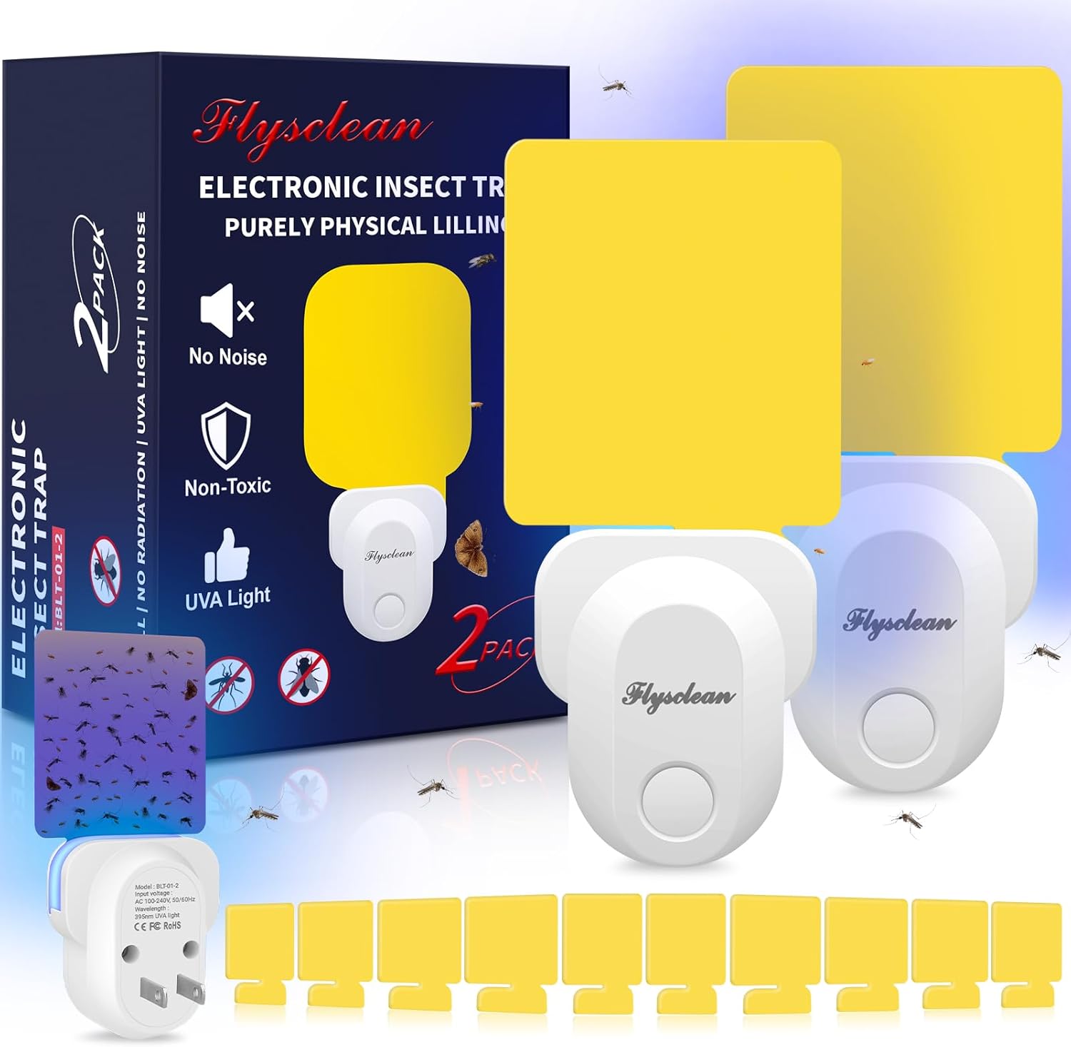 Flying Insect Trap Plug-in, New Upgrade Gnat Traps for House Indoor, Safe Non-Toxic Gnat Killer Fly Catcher UV Light Attractant Blue Bug Light Trap with Sticky Pad for Gnats, Moths, Flies 2 Pack-White