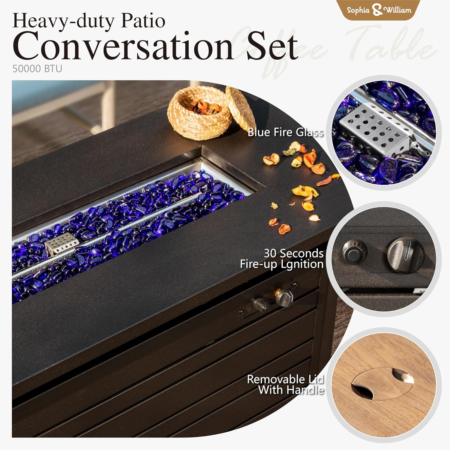 Sophia & William 4-Piece Outdoor Wicker Patio Conversation Set, 3-Seat Sofa, 2 Fixed Sofa Chairs, 1 Fire Pit Table, All-Weather Rattan Patio Furniture for Garden