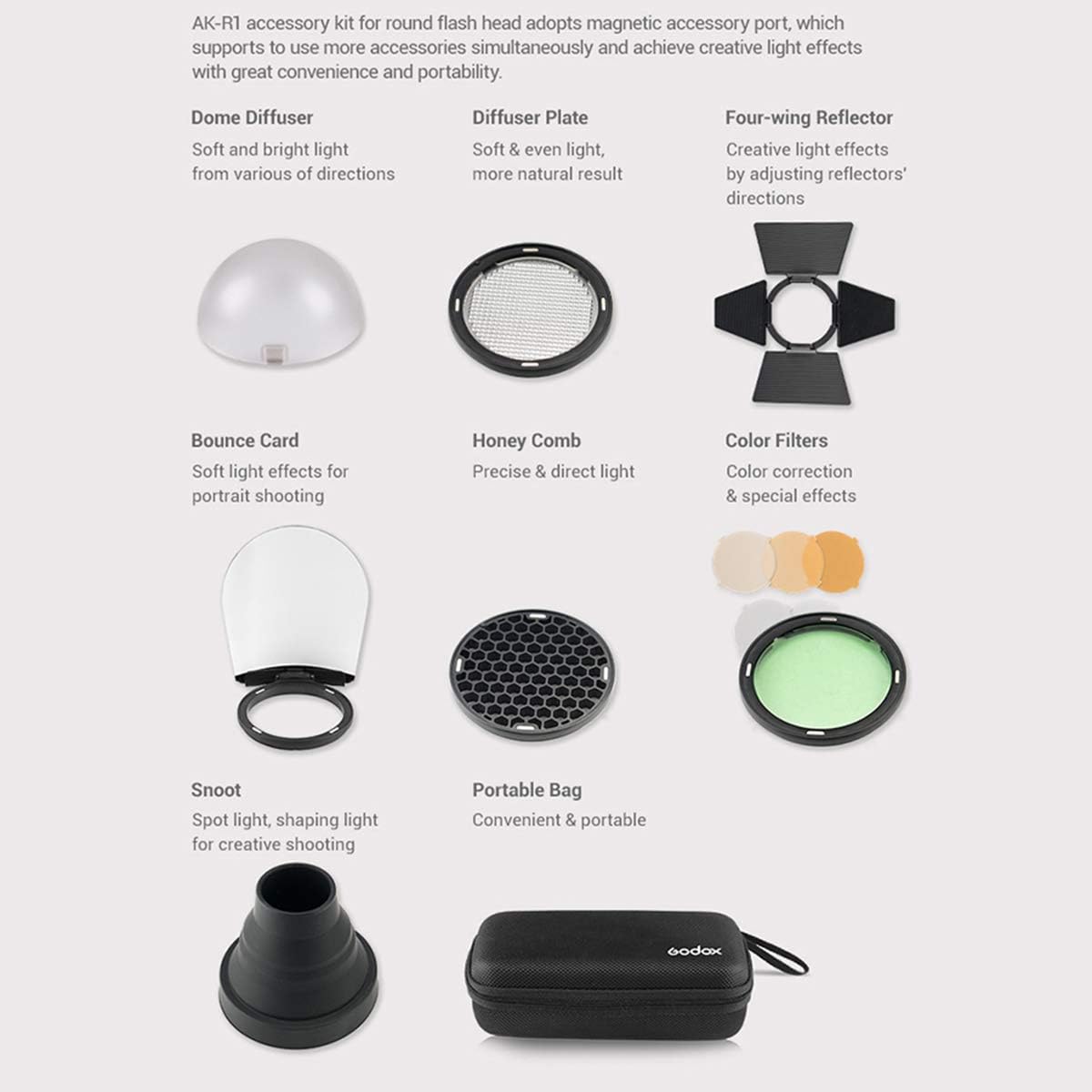 Godox V-11T Color Filters with godox AK-R1 Accessories Kit Set Compatible with Godox V1-C V1-N V1-S V1-O V1-F etc. Round Head Flash, use H200R Compatible with AD200 AD200PRO