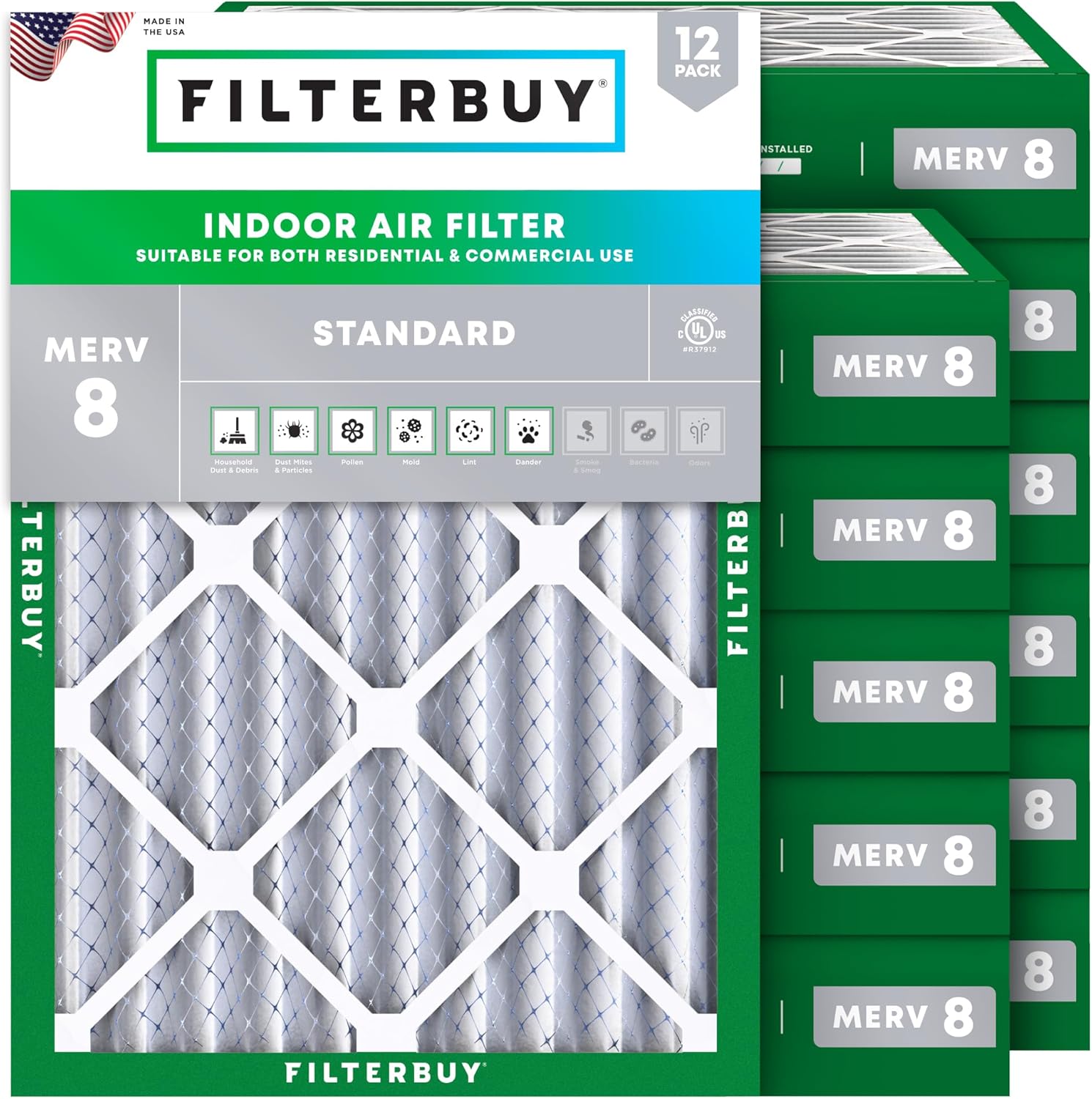 Filterbuy 16x18x4 Air Filter MERV 8 Essential Dust & Allergy Defense (12-Pack), Electrostatic Pleated HVAC AC Furnace Filters Replacement, Made in USA (Actual Size: 16.00 x 18.00 x 3.63)