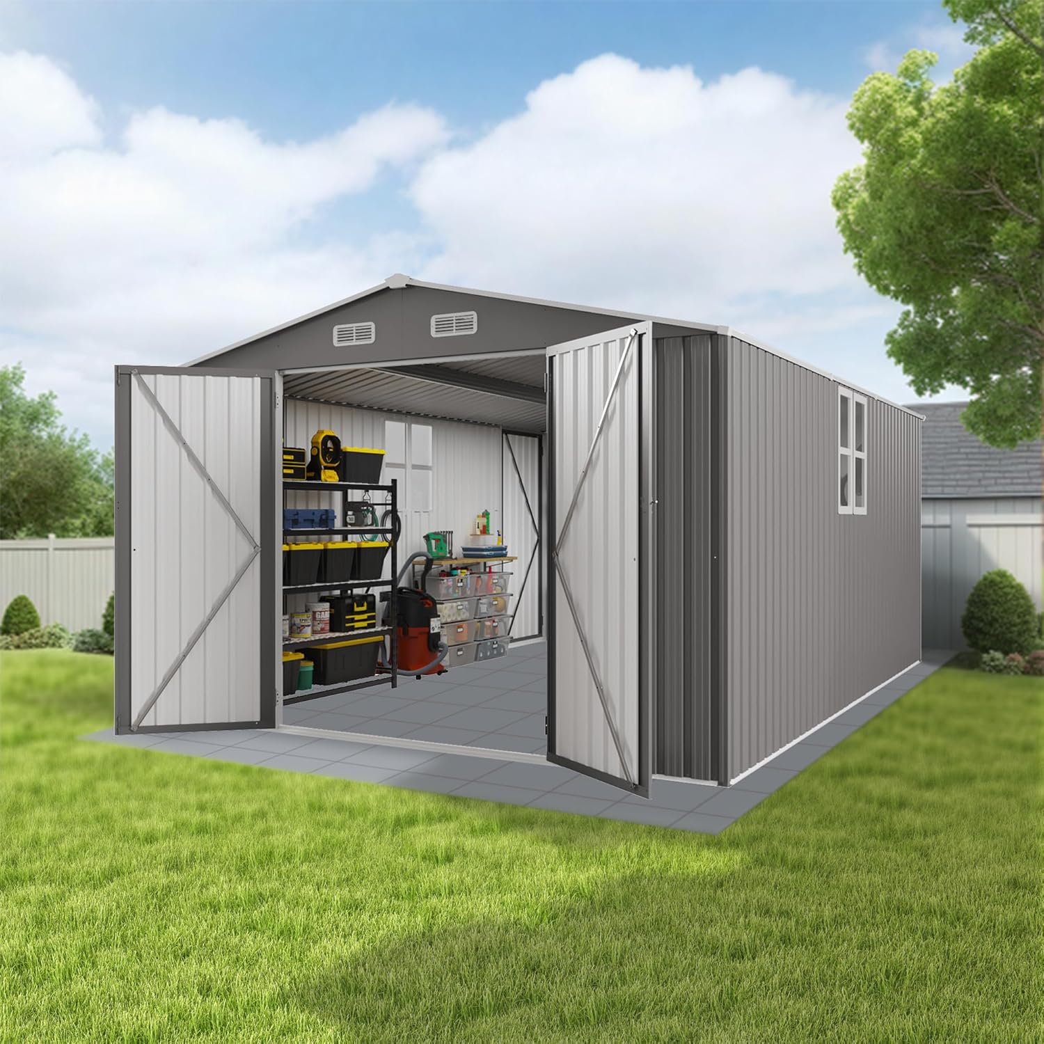 10x14 FT Outdoor Metal Storage Shed with 3 Lockable Doors & Window - Large Galvanized Steel Garden Shed, All-Weather Shelter for Bike, Tools, Lawn Mower, Backyard, Patio