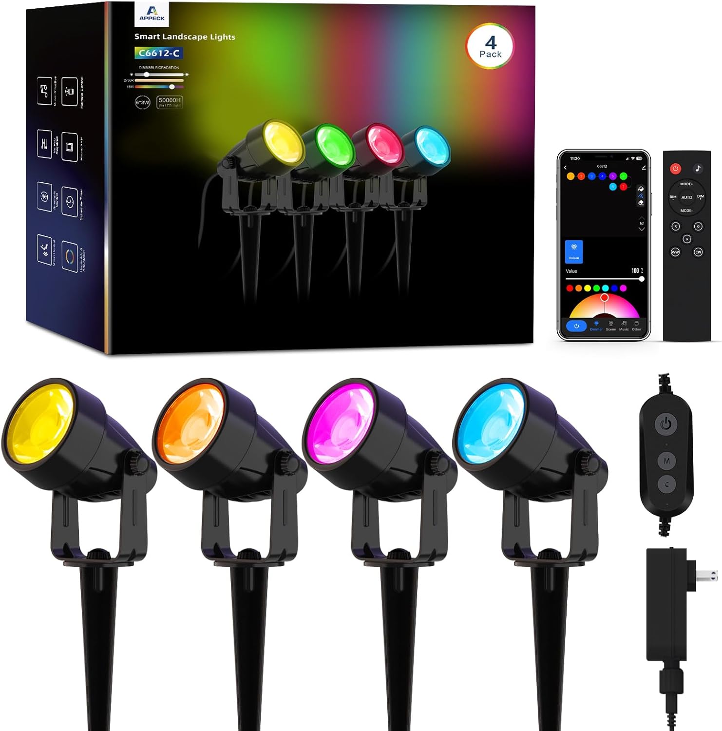 APPECK Landscape Lighting, RGBW Color Changing Low Voltage Landscape Lights with APP Control, IP65 Waterproof Outdoor Spotlights for Garden Yard Outside Decoration, 4 Pack