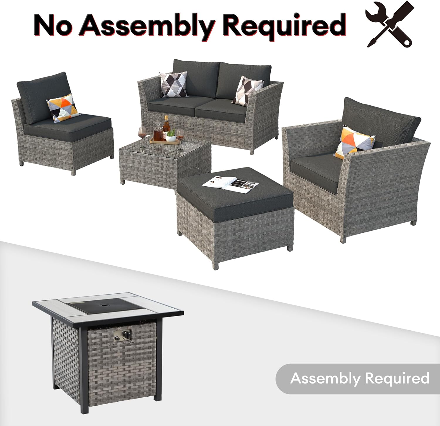 7 Pieces Outdoor Patio Furniture Set, Wicker Conversation Sectional Set with 30 Inch Gas Propane Fire Pit Table and Thickened Cushions (Black)