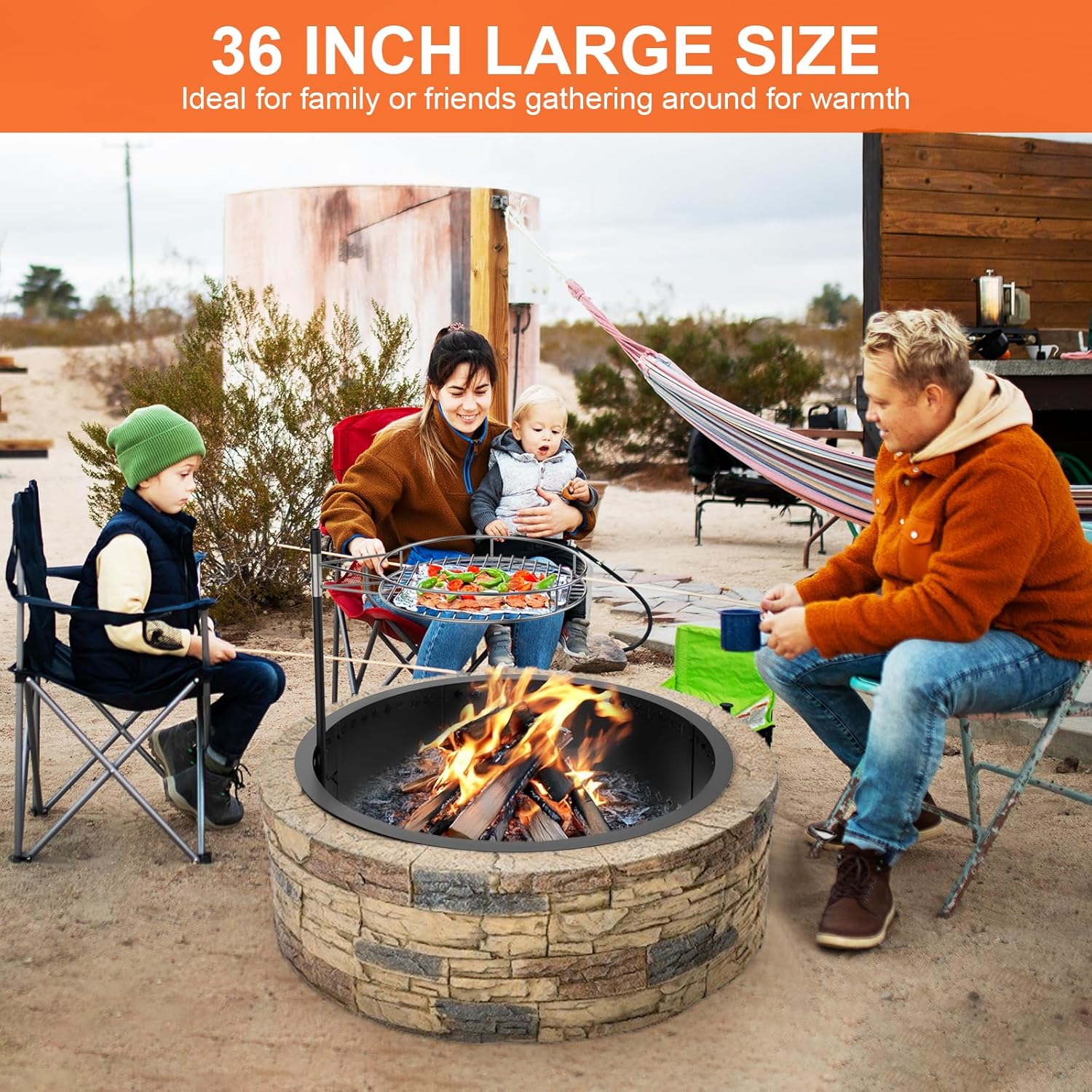 36inch Fire Pit with Grill, DIY Smokeless Firepit Bowl Metal Fire Rings for Outside, Large Round Smokeless Firepit Insert, Heavy Duty Carbon Steel Fire pits for Camping and Patio