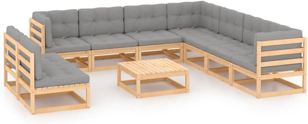 10 Piece Patio Lounge Set with Cushions Solid Wood Pine Garden Furniture