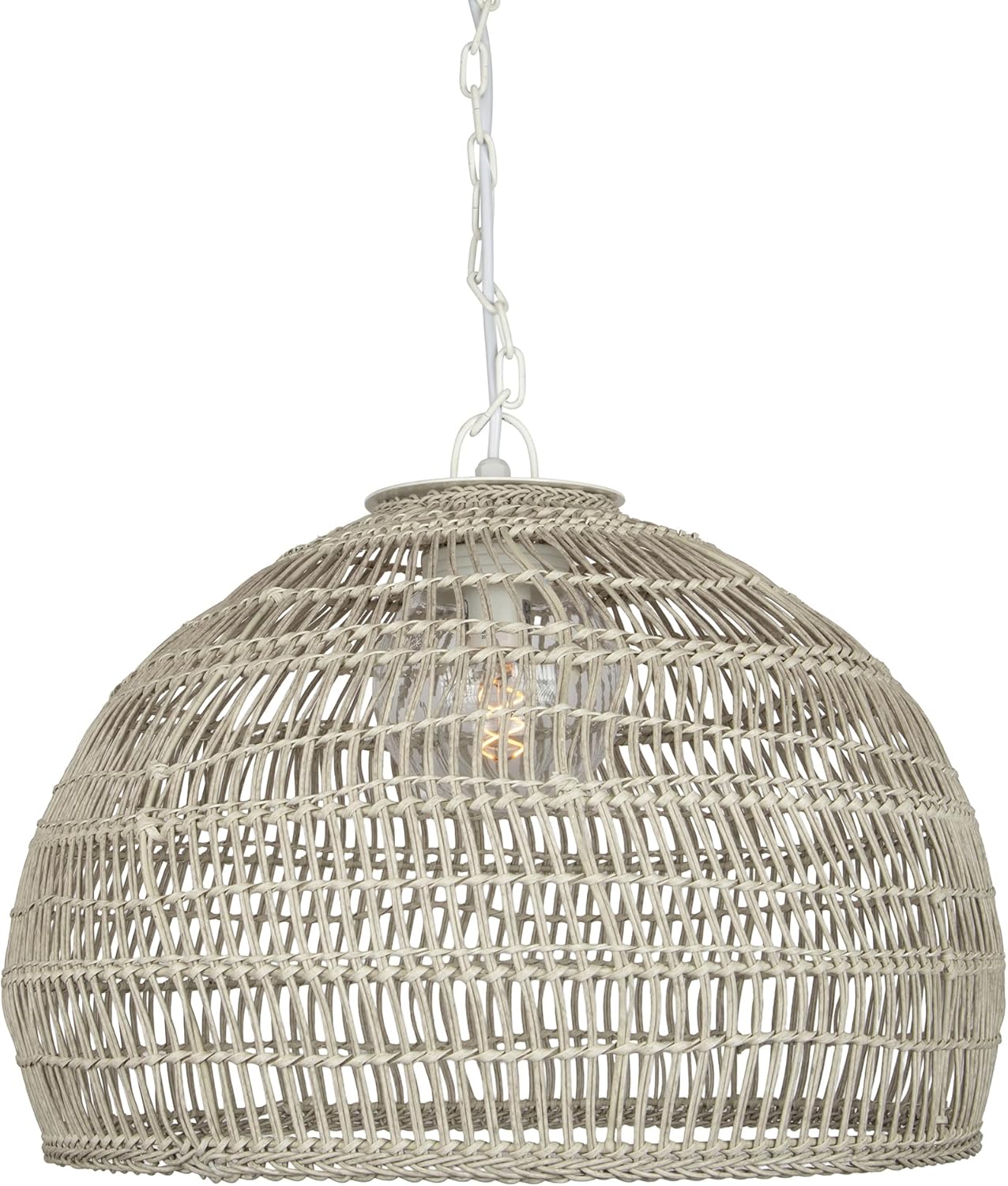 Kouboo - Luhu Open Weave All Weather Cane Rib Outdoor Dome Pendant Lamp, Antique White (Large)
