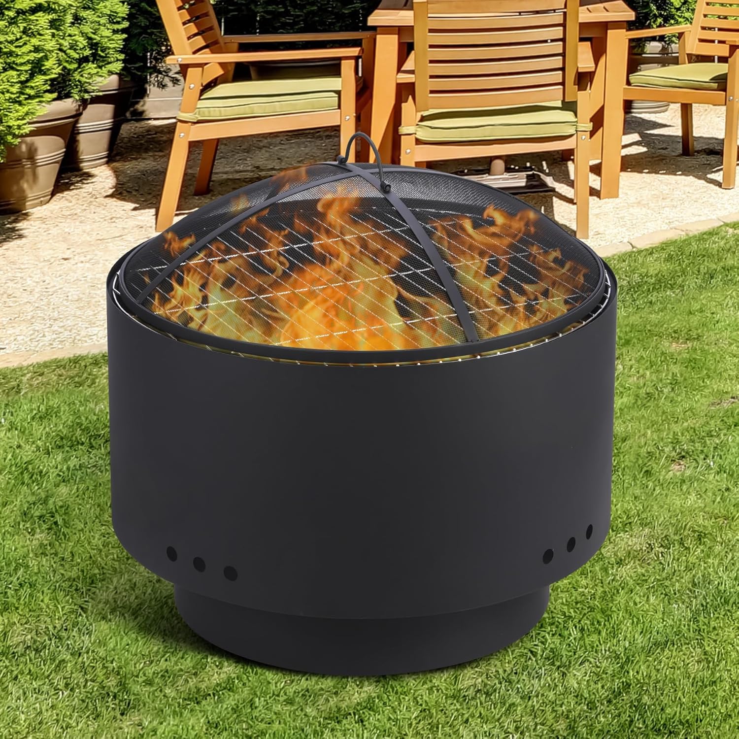 26 Inch Outdoor Fire Pit with Grill&Fire Cover,Smokeless Outdoor Fireplace with Carrying Bag and Fire Poker, Wood Burning Fire Pits for BBQ, Bonfire, Camping, Backyard, Patio, Picnic