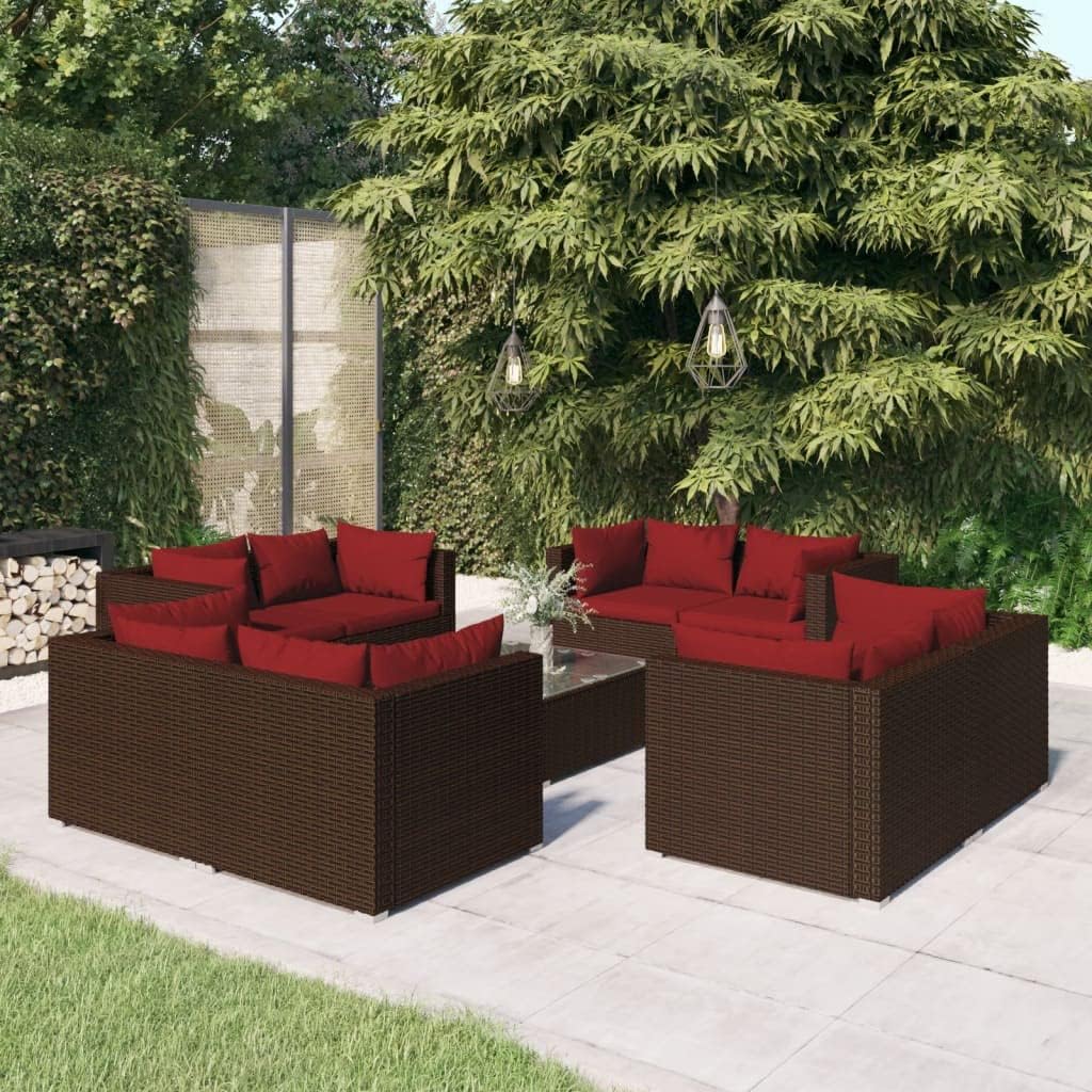 9 Piece Patio Lounge Set with Cushions Poly Rattan Brown,Rattan Patio Lounge Set: Modular, WaterResistant, and Comfortable Outdoor Furniture Patio Furniture Sets, Outdoor Furniture Sets