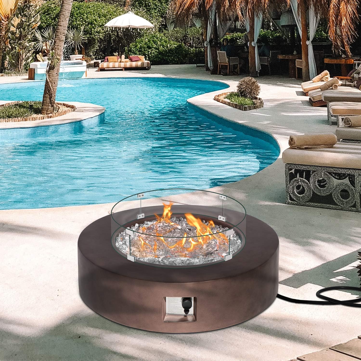 AQUILLA Outdoor Propane Fire Pit Coffe Table w Brown 42 inch Round Base Patio Heater, 50000 BTU Stainless Steel Burner w Glass Rocks, Waterproof Cover