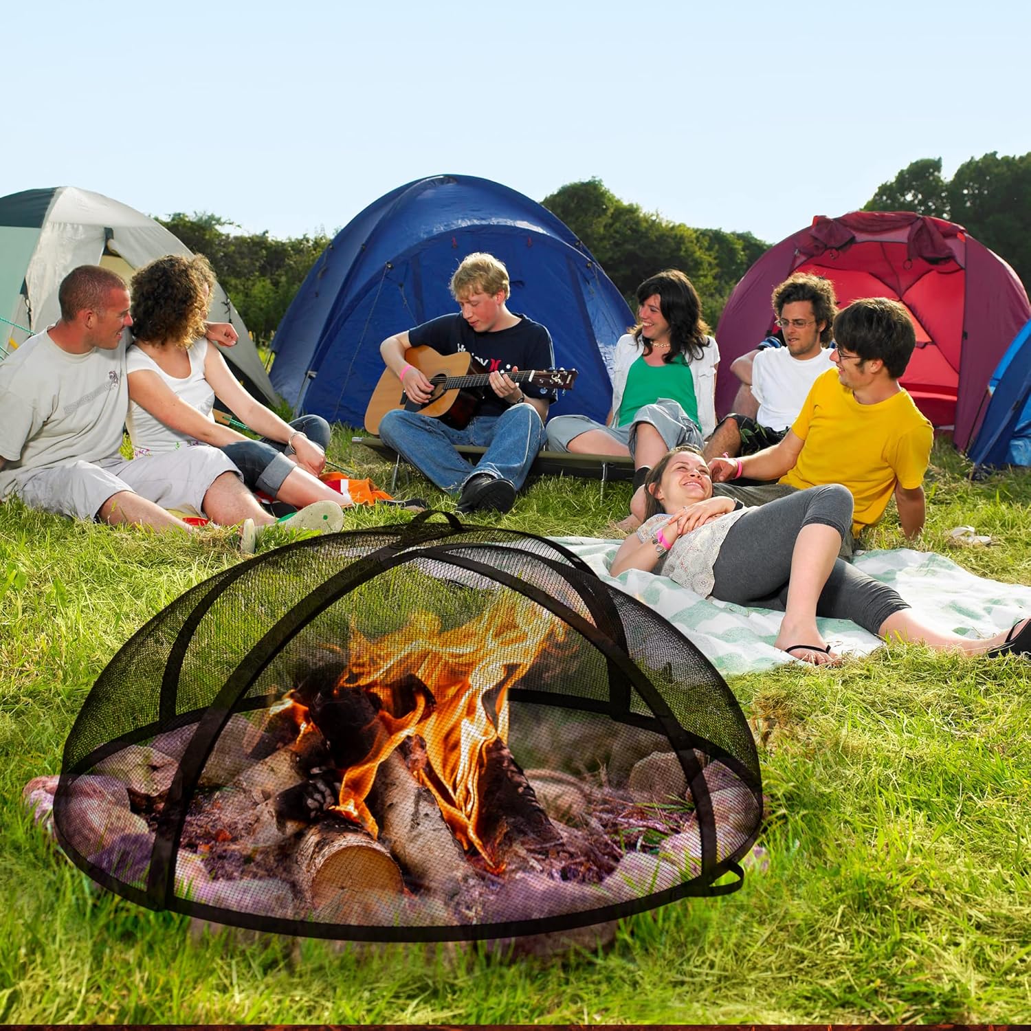 40In Round Fire Pit Spark Screen Cover, Outdoor Patio Easy-Opening Fire Pits Mesh Screen, Heavy Duty Steel Firepit Ember Lid with Hinge